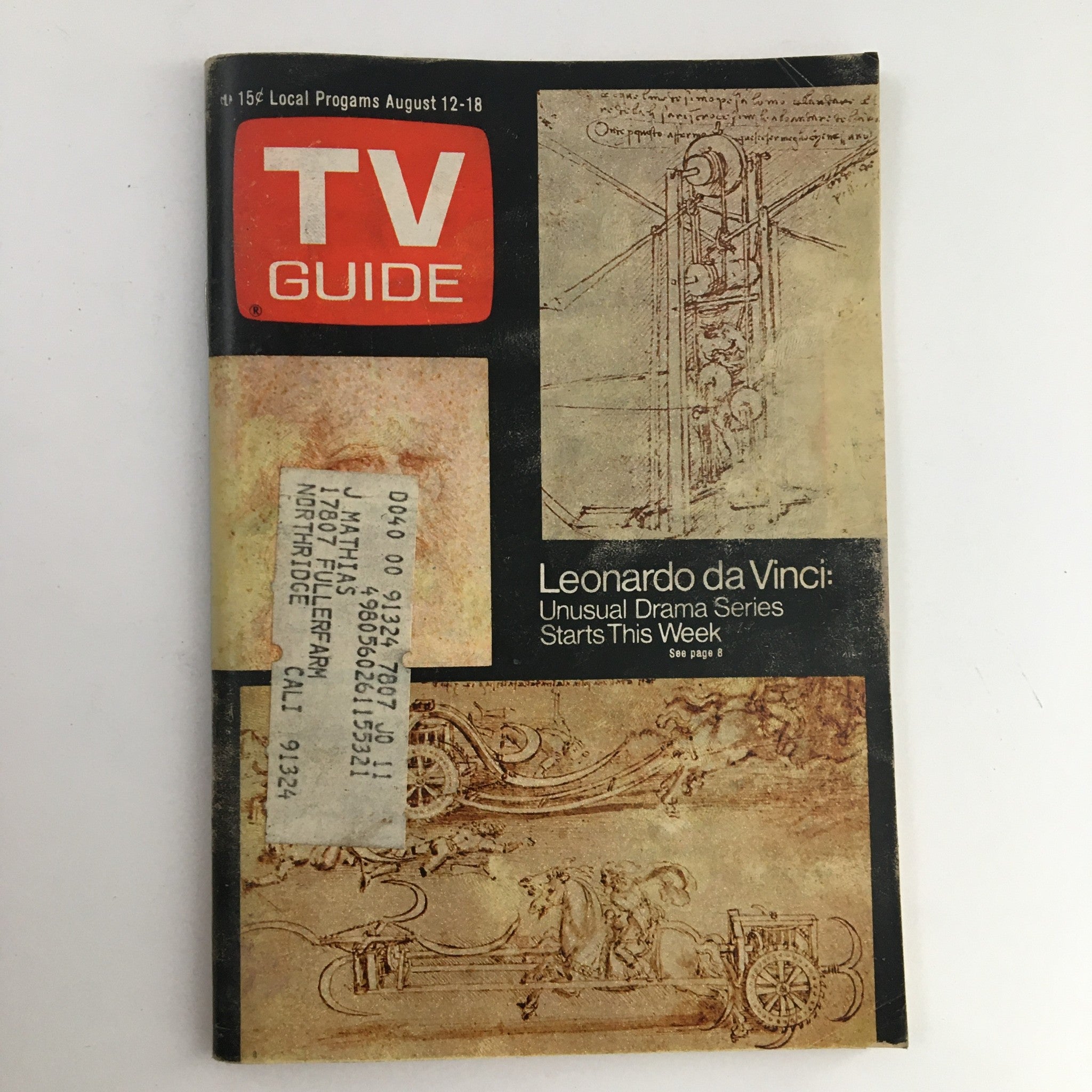 TV Guide Magazine August 12 1972 Leonardo da Vinci's Sketches L.A. Edition