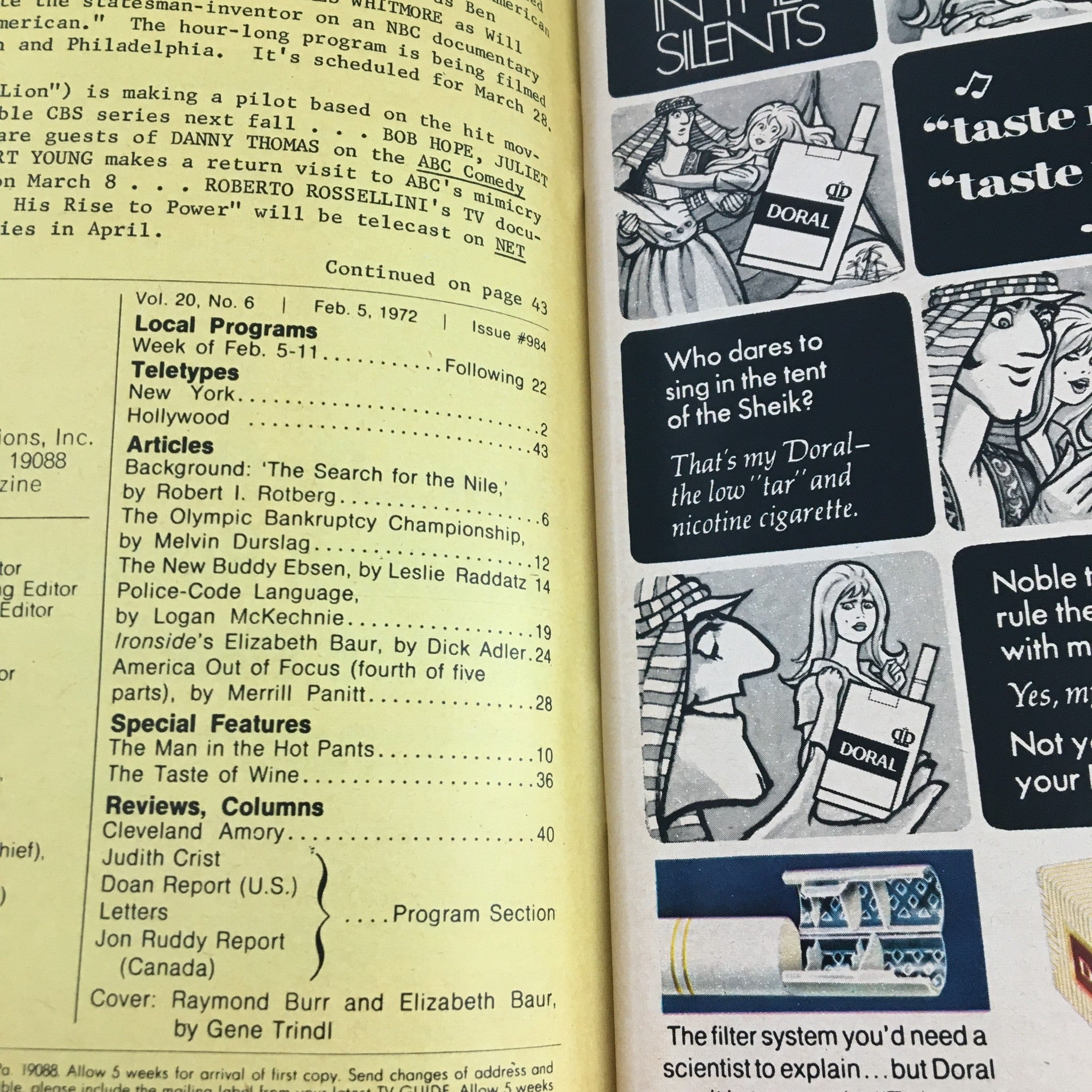 Interior page of TV Guide Magazine February 5, 1972, displaying program listings and articles. Features a summary of content including the cover stars, Raymond Burr and Elizabeth Baur.