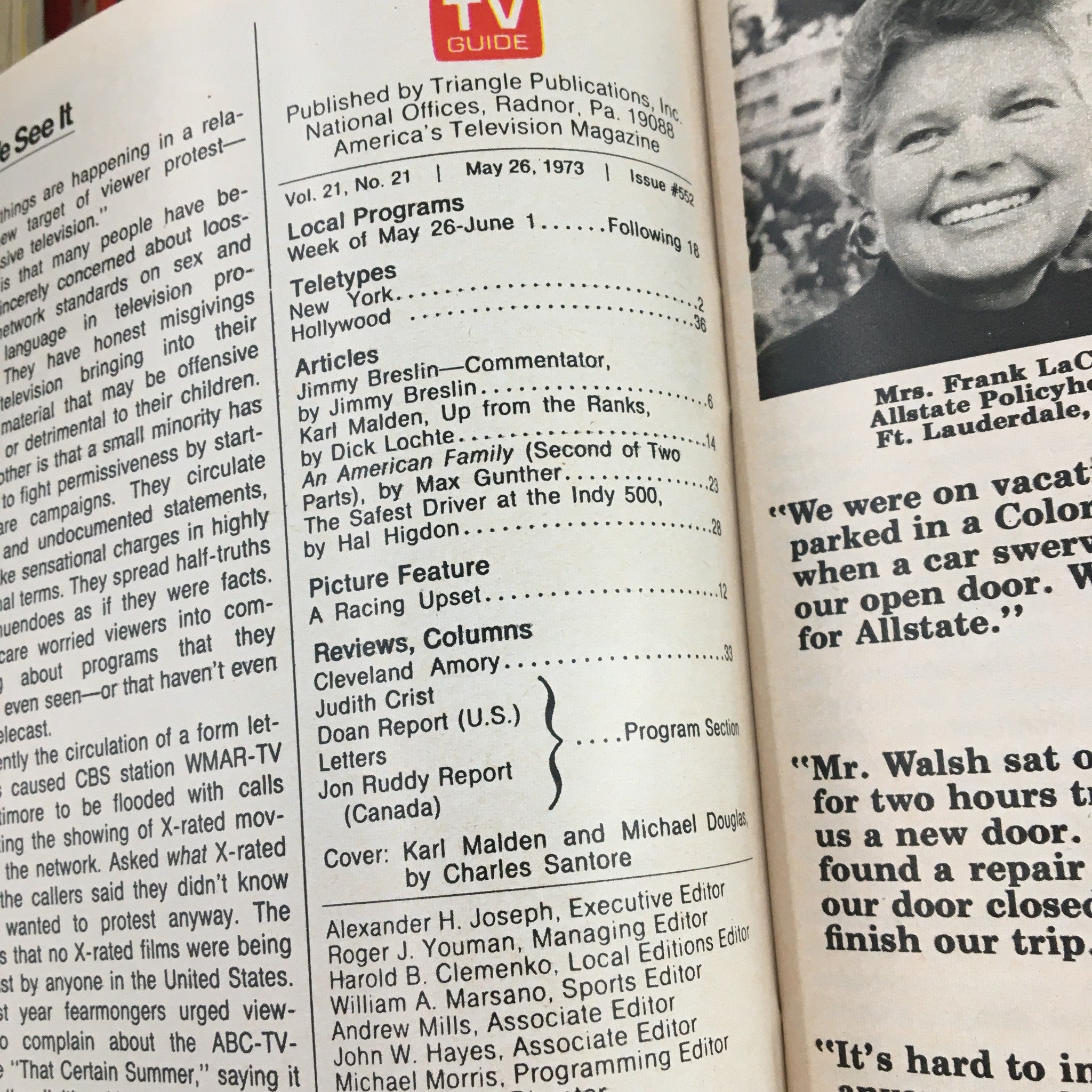 Interior page of TV Guide Magazine May 26, 1973 displaying articles and listings, reflecting popular culture of the 1970s.