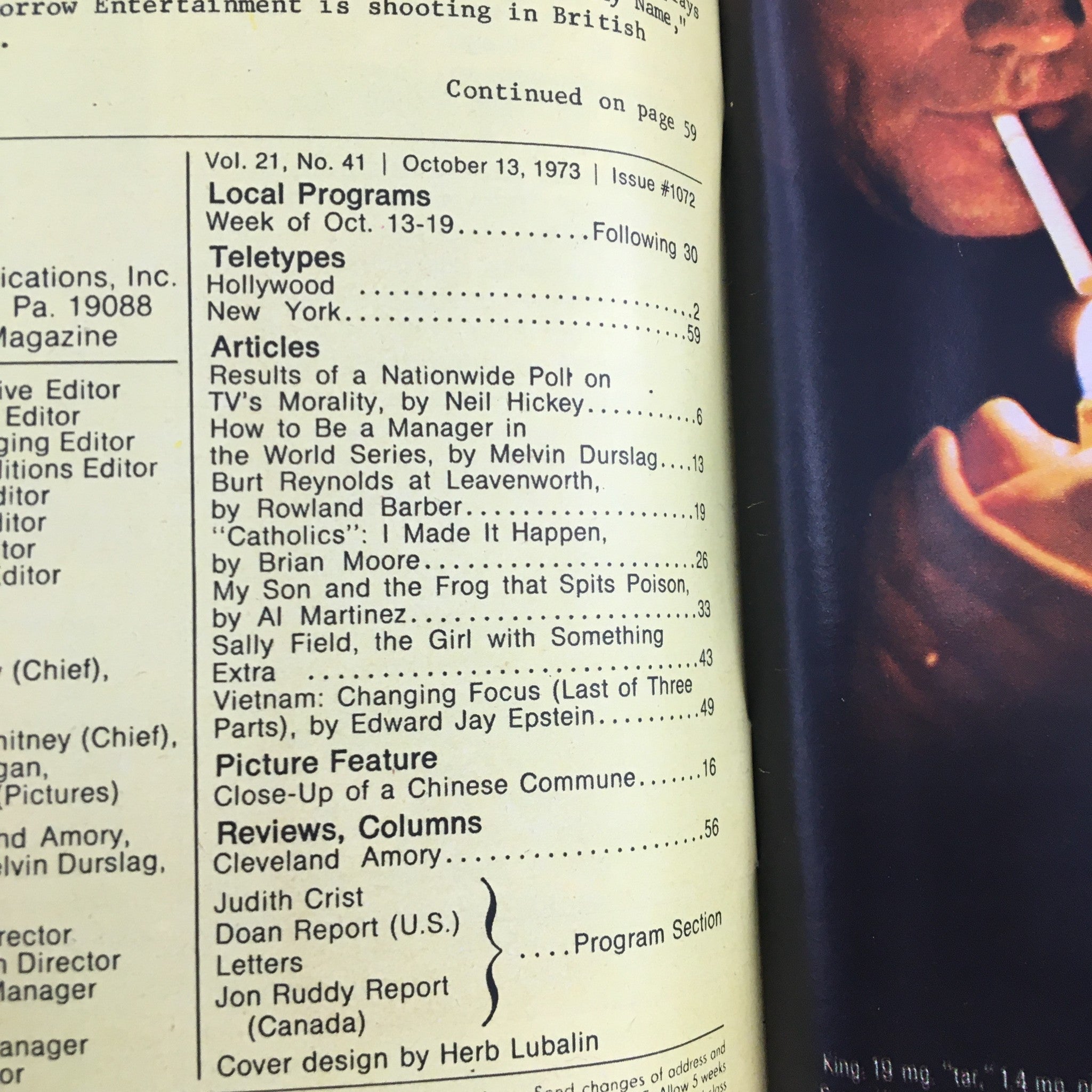 Inside page of TV Guide Magazine October 13 1973 showing the table of contents, highlighting articles and local programs during that week, a valuable resource for television history collectors.