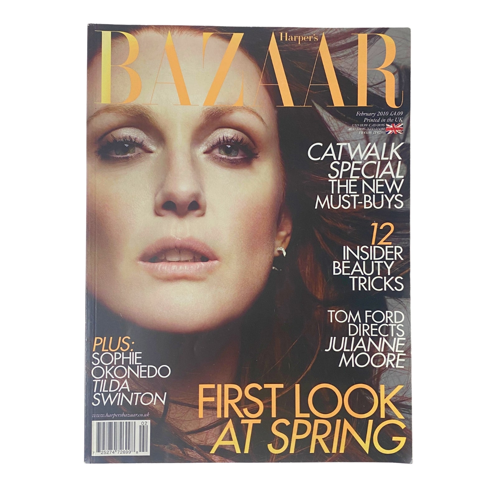 Cover of Harper's Bazaar UK Magazine February 2010 featuring Julianne Moore, showcasing a stunning beauty look and fashion themes with the headline 'First Look at Spring'.