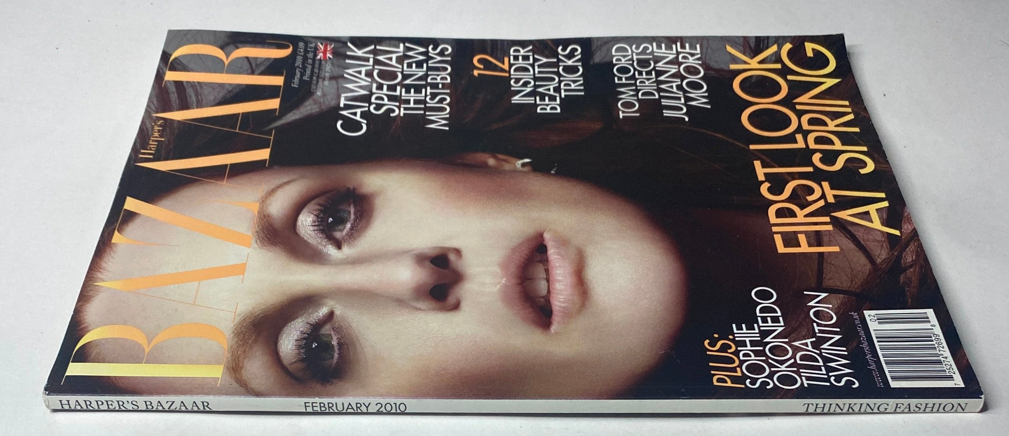 Alternate view of Harper's Bazaar UK Magazine February 2010 featuring Julianne Moore on the cover with 'First Look at Spring' headline, highlighting fashion and beauty tips.
