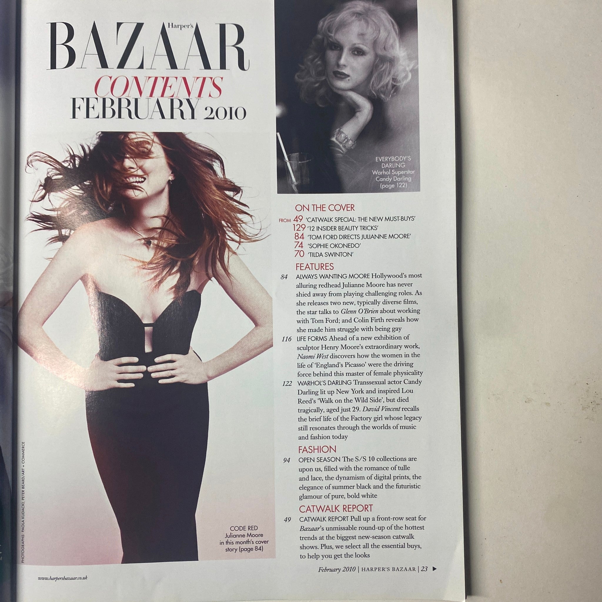 Contents page of Harper's Bazaar UK Magazine February 2010 detailing articles and features including Julianne Moore and fashion highlights.