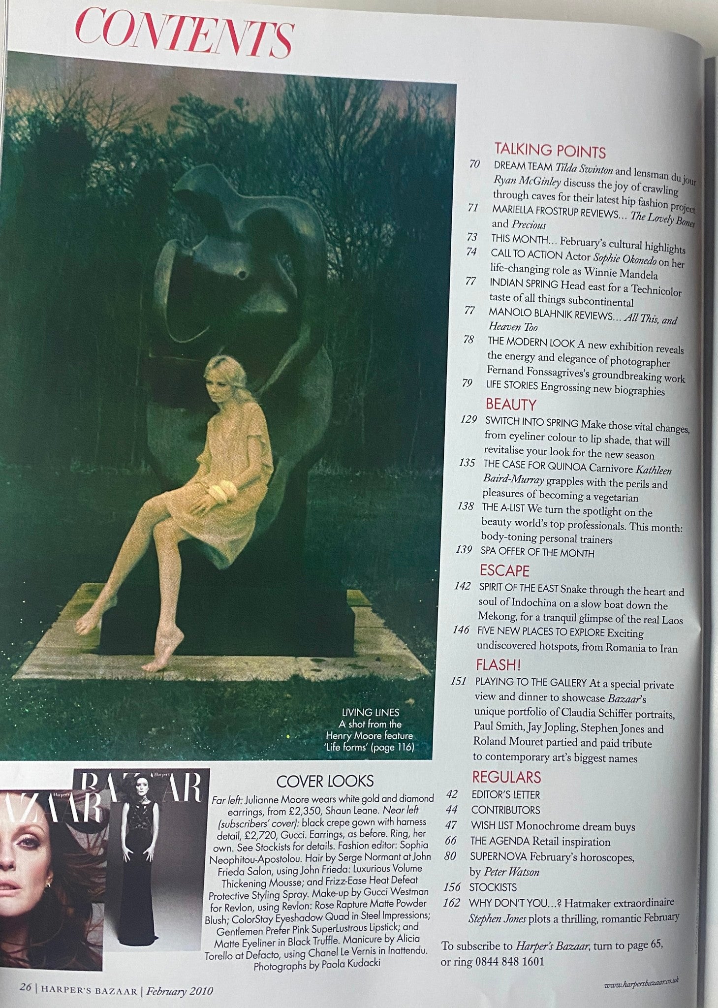 Page from Harper's Bazaar UK Magazine February 2010 showing the contents layout with a focus on fashion discussions, including Julianne Moore.