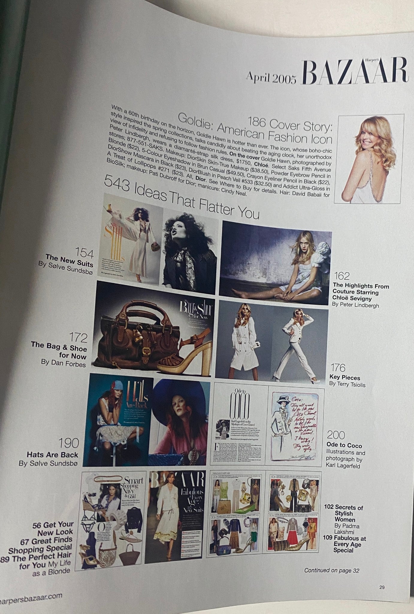 Harper's Bazaar Magazine April 2005 Goldie Hawn Cover Story, focusing on 'American Fashion Icon' featuring a notable image of Goldie Hawn and insights into fashion highlights.