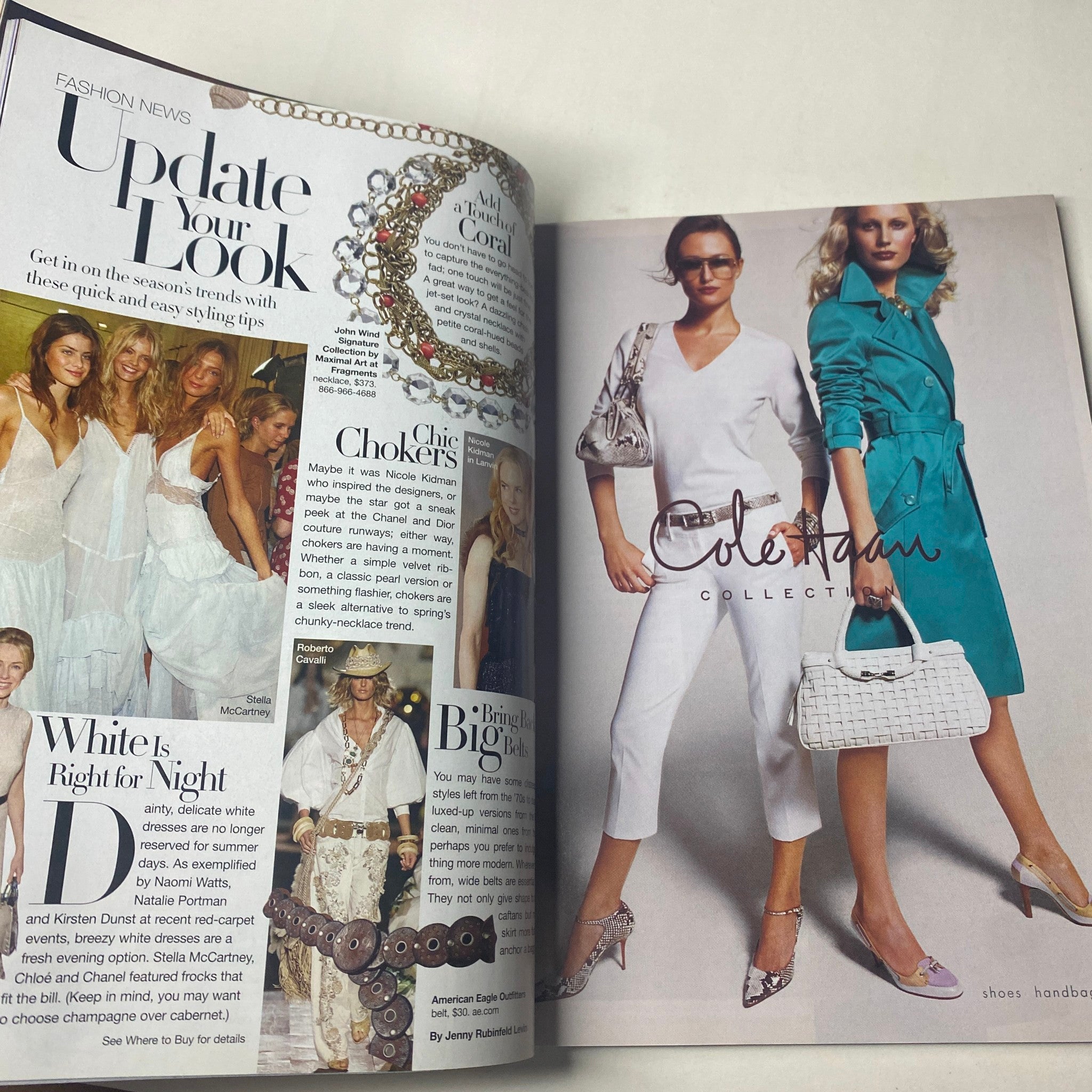 Harper's Bazaar Magazine April 2005 page showcasing fashion trends including 'Update Your Look' and accessories such as jewelry.