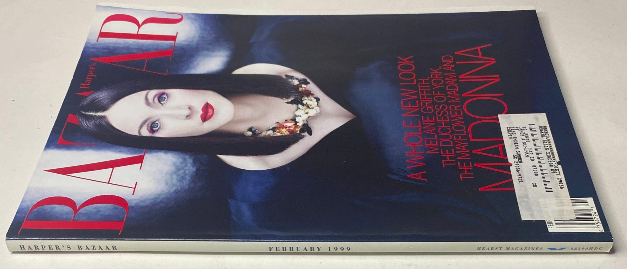 Another view of the cover of Harper's Bazaar Magazine February 1999 with Madonna. The magazine emphasizes the feature on iconic individuals like Madonna and Melanie Griffith, underlining high-fashion photography.