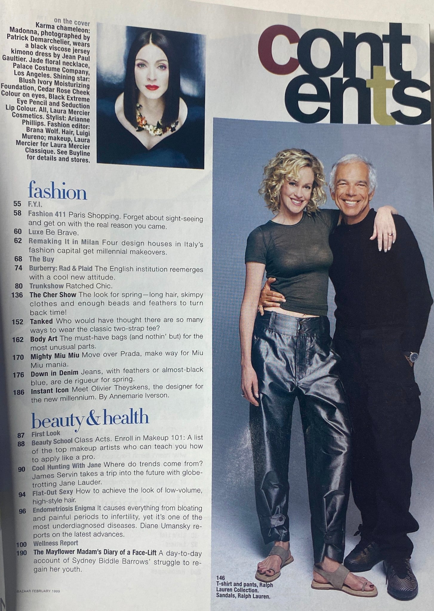 Table of contents from Harper's Bazaar Magazine February 1999, featuring articles on fashion and beauty, including highlights on celebrities like Madonna and topics covering style tips and cultural commentary.