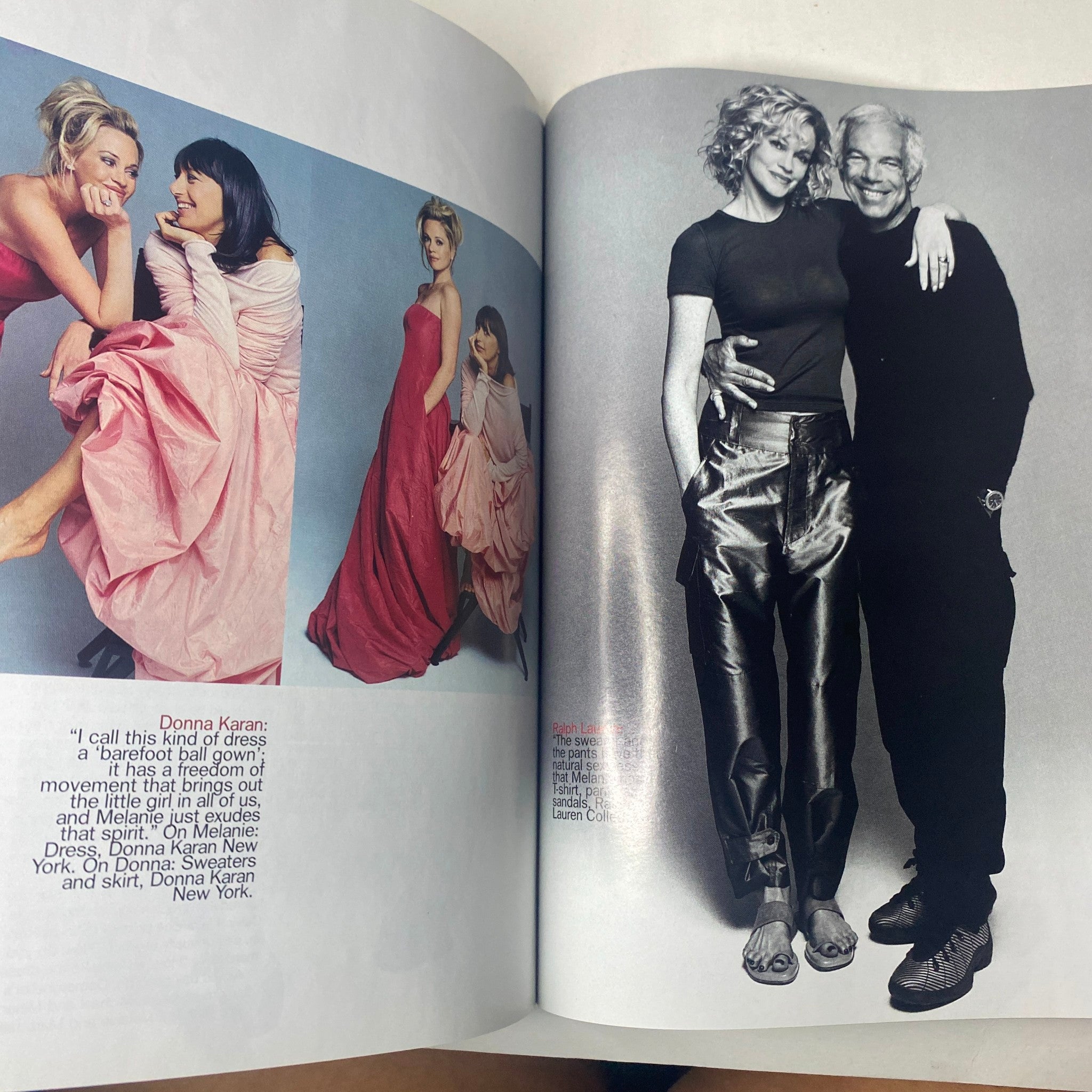 Donna Karan feature in Harper's Bazaar Magazine February 1999, depicting a fashion editorial with models styled in elegant garments.
