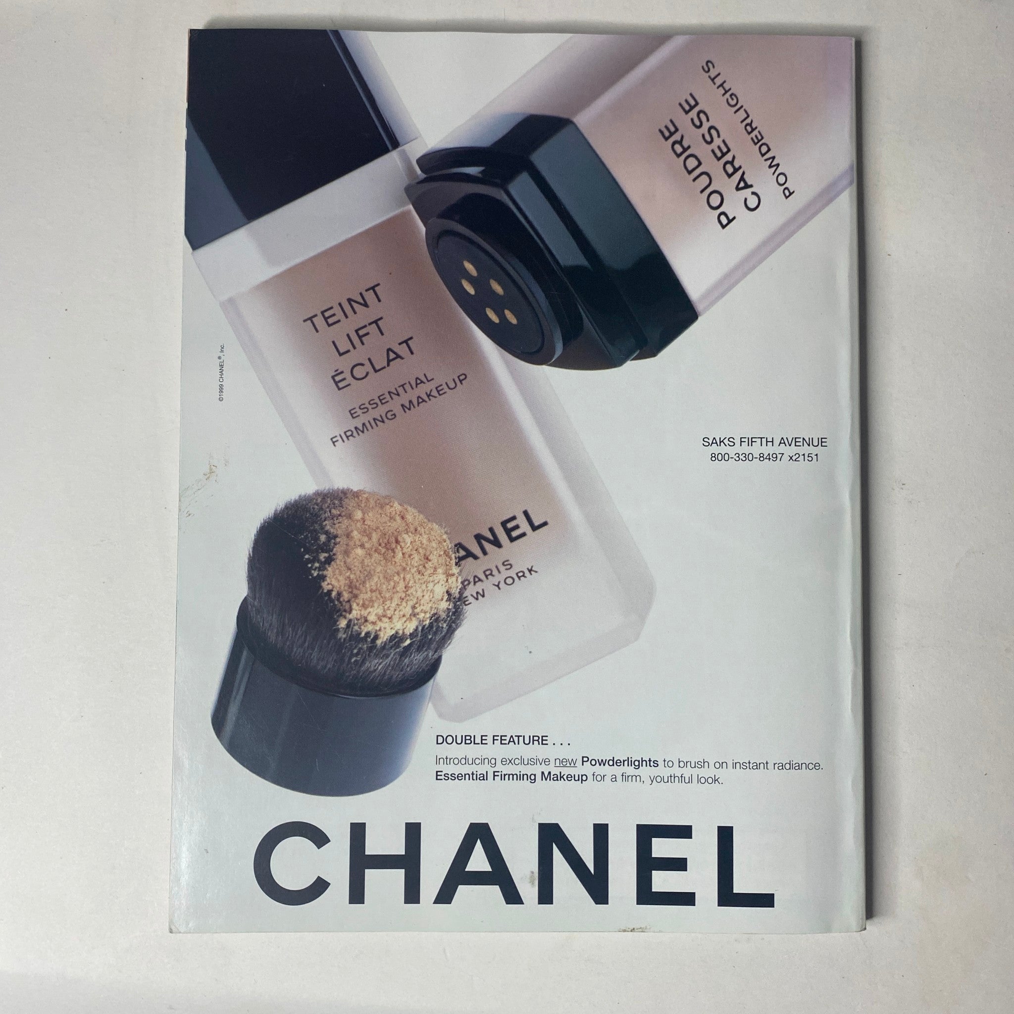 Chanel makeup advertisement in Harper's Bazaar Magazine February 1999, showcasing beauty products with a focus on skincare and cosmetics.