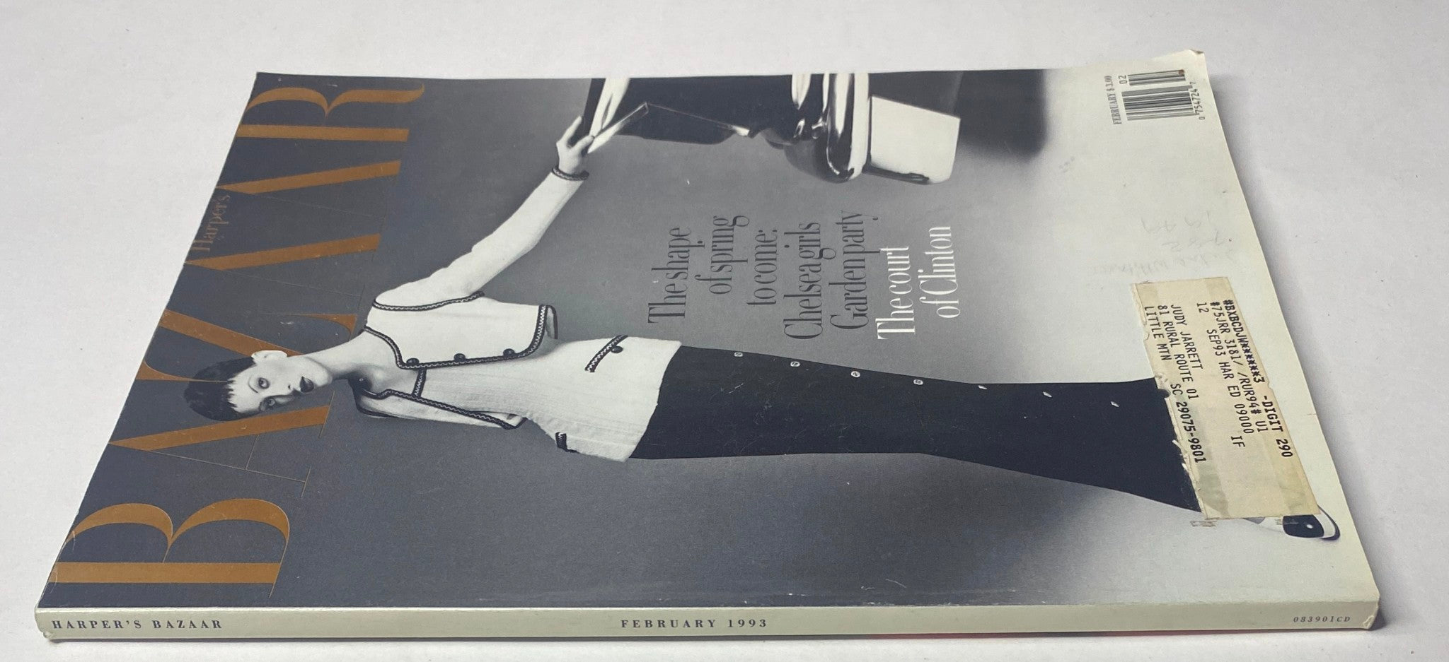 Back cover view of Harper's Bazaar Magazine February 1993, highlighting Kristen McMenamy's striking fashion featured on the magazine's cover.