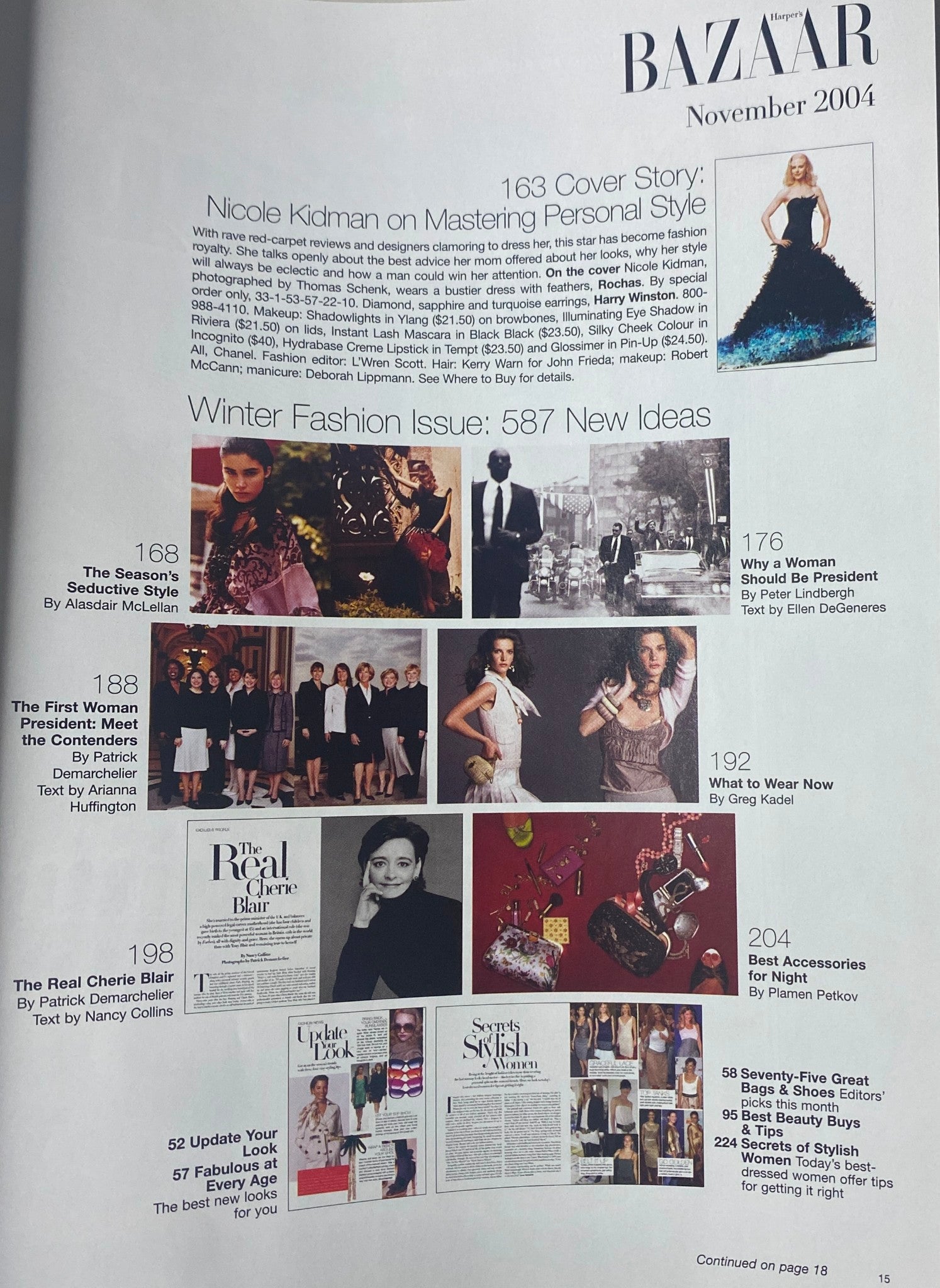 Inside page of Harper's Bazaar Magazine November 2004 showcasing the cover story on Nicole Kidman and highlights from the Winter Fashion Issue.