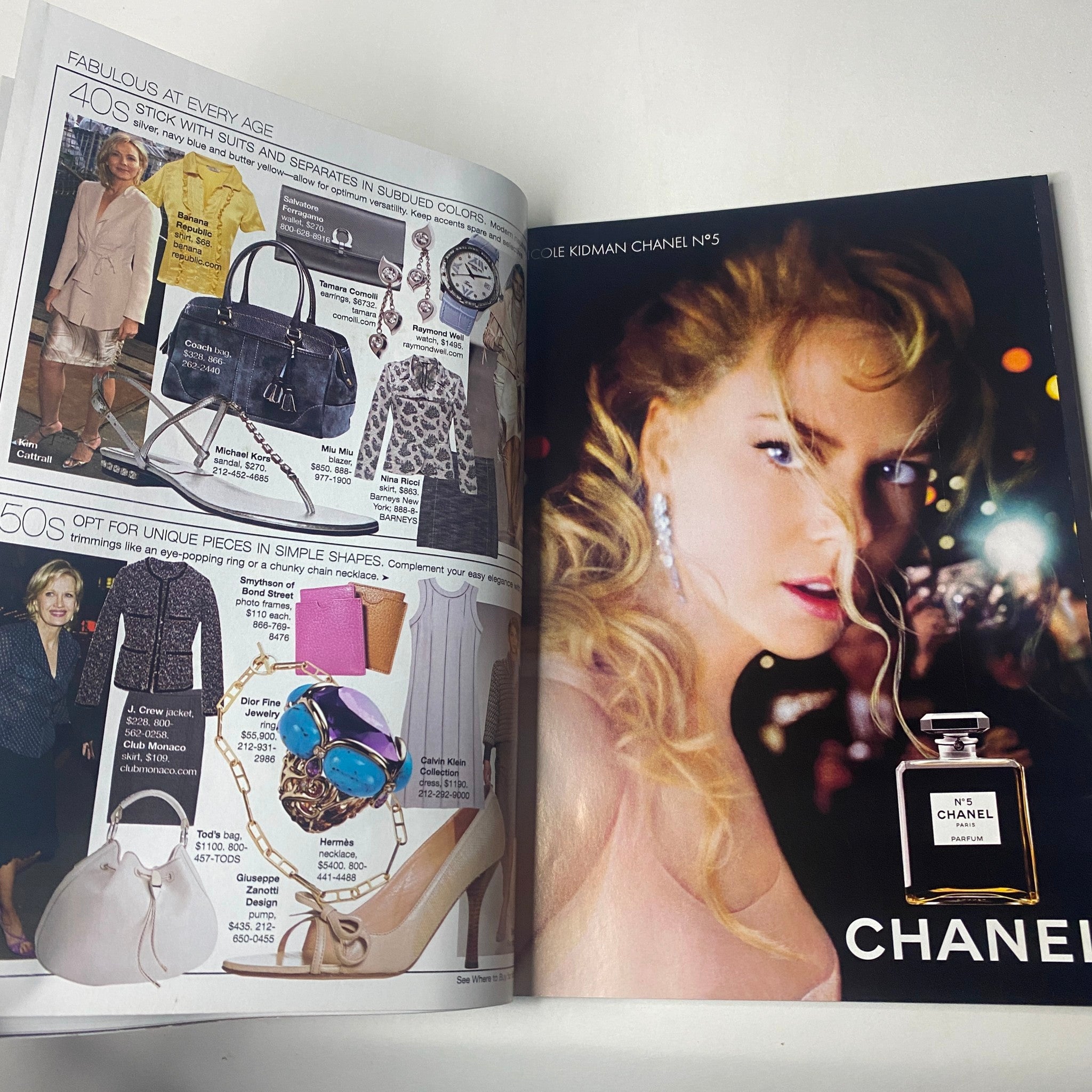 Fabulous at Every Age feature from Harper's Bazaar Magazine November 2004, showcasing Nicole Kidman with Chanel No. 5 fragrance and fashionable accessories.
