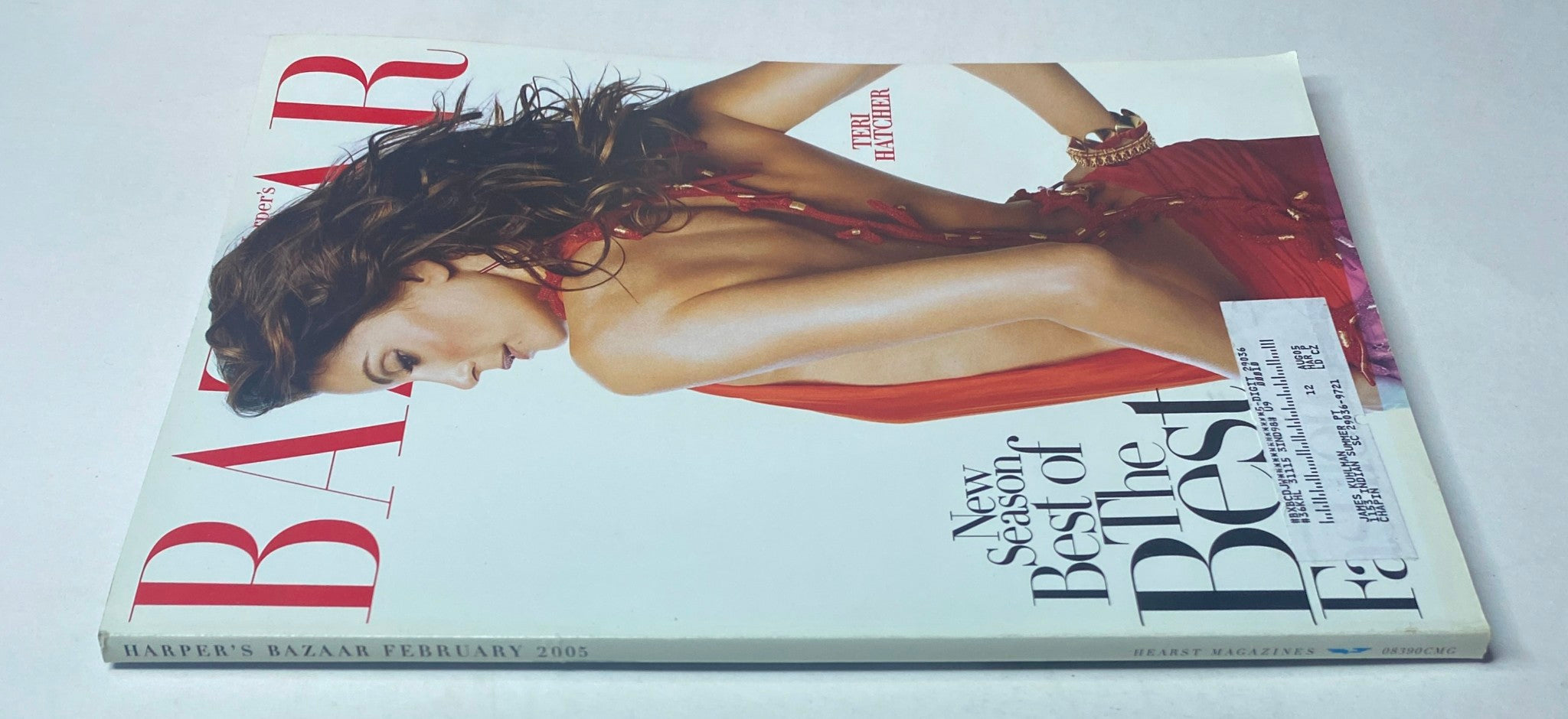 Side view of Harper's Bazaar Magazine February 2005 showing Teri Hatcher on the cover with a focus on her elegant pose and chic styling.