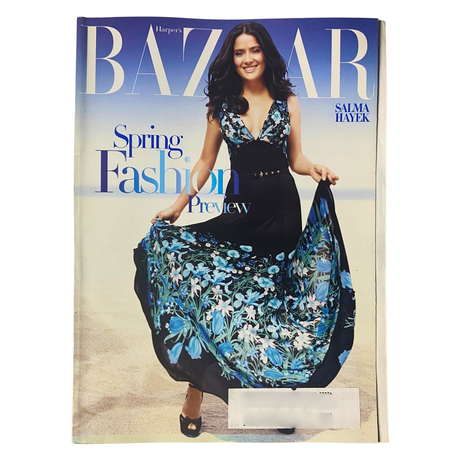 Cover of Harper's Bazaar Magazine February 2006 featuring Salma Hayek in a stylish floral dress, highlighting Spring Fashion Preview.