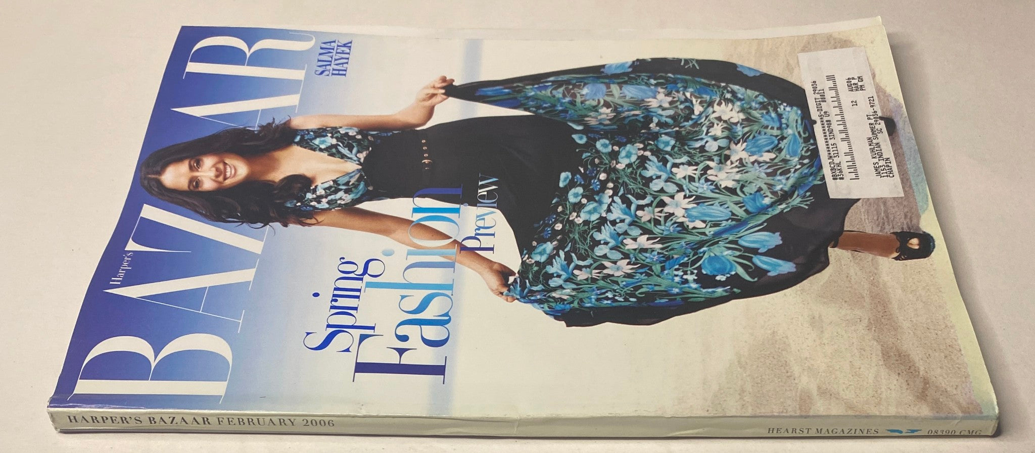 Harper's Bazaar Magazine February 2006 cover with Salma Hayek showcasing a vibrant dress, celebrating Spring Fashion Preview.