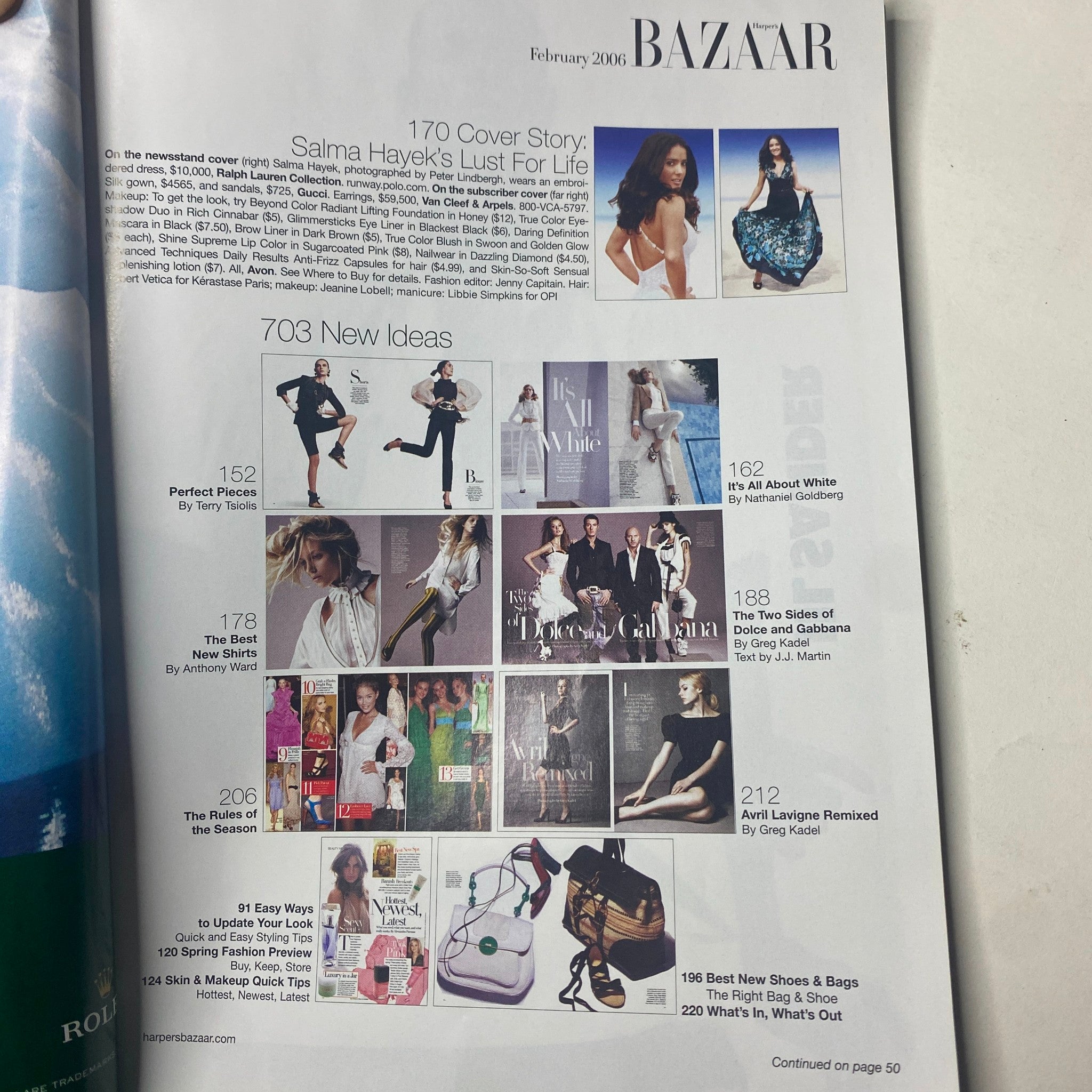 Harper's Bazaar Magazine February 2006 featuring Salma Hayek's cover story titled 'Salma Hayek's Lust For Life.' The page showcases 703 fashion ideas, including highlights from the editorial.