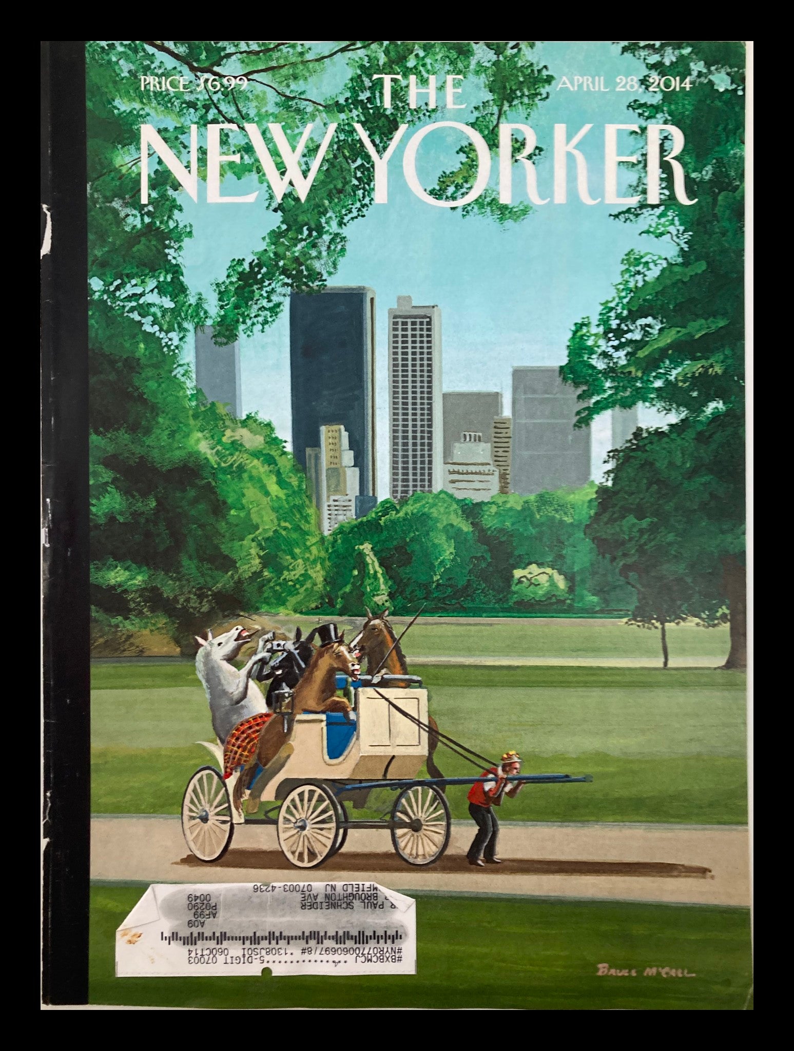 COVER ONLY The New Yorker April 28 2014 Cart Before The Horses by Bruce McCall