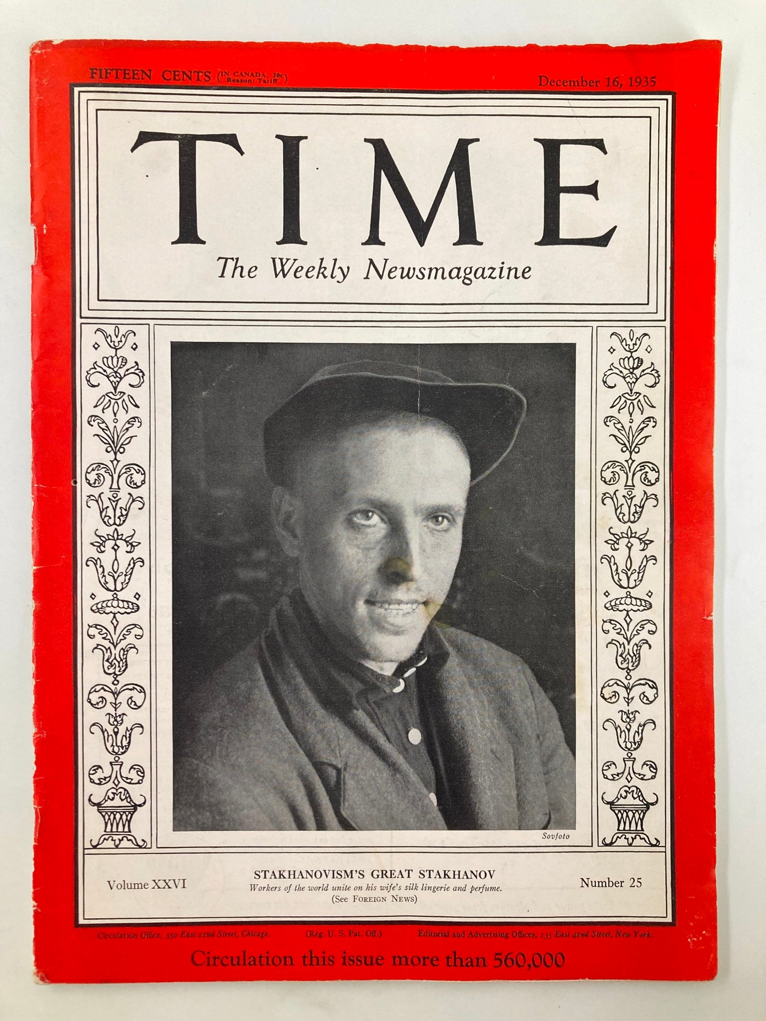 VTG Time Magazine December 16 1935 Vol 26 #25 Stakhanovism's Great Stakhanov