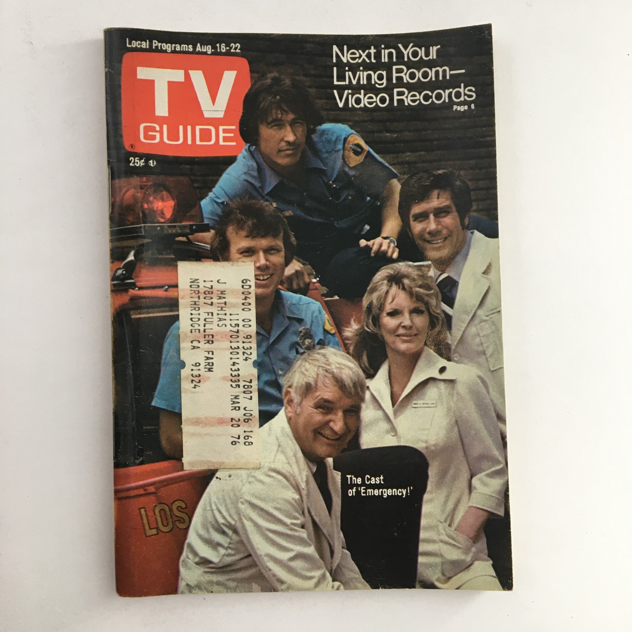 Front cover of TV Guide Magazine dated August 16, 1975, featuring 'The Cast of Emergency' and an image of the actors in uniform, capturing a moment of television history.