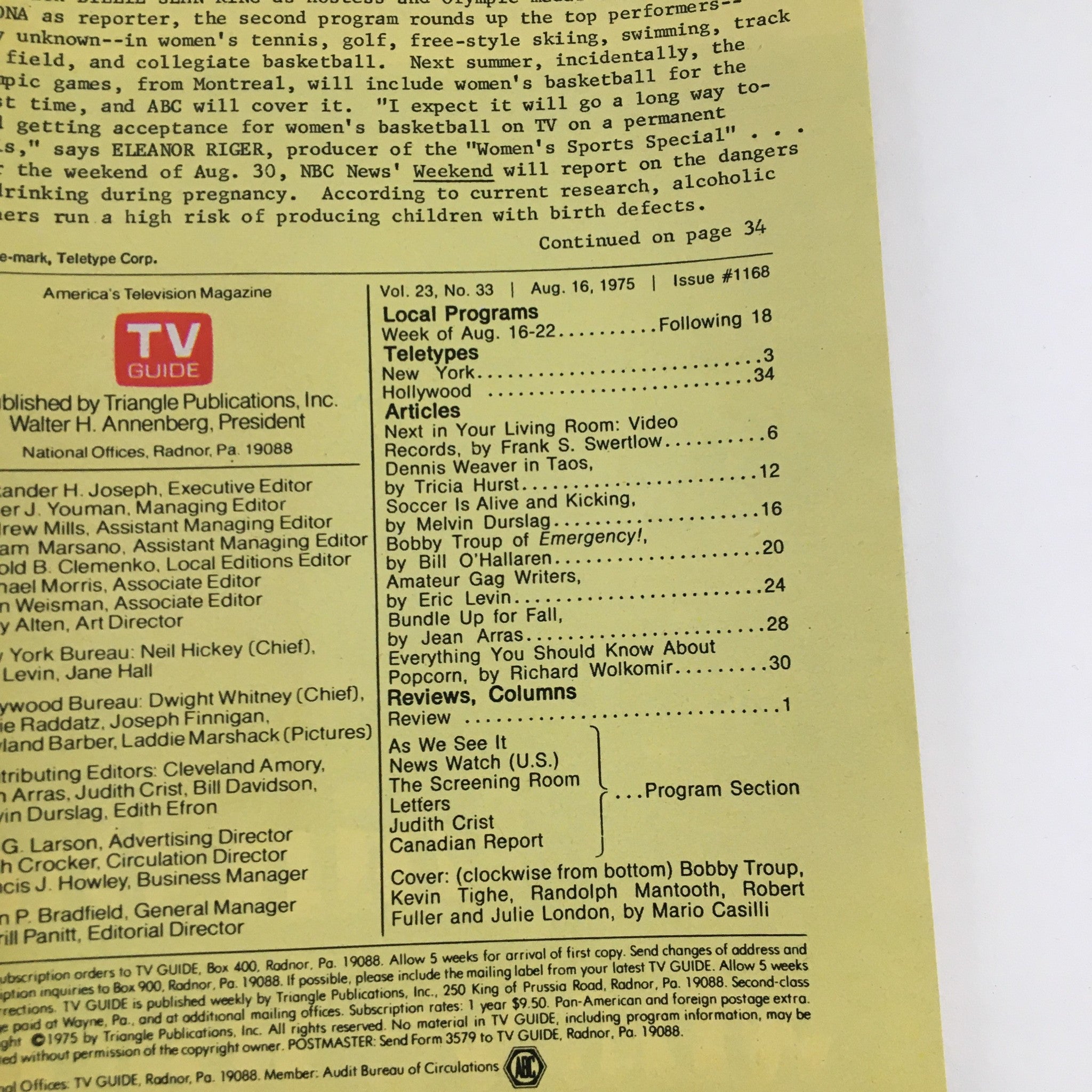 Back cover of TV Guide Magazine from August 16, 1975, displaying the magazine's editorial content and articles, including features related to 'Emergency' and other television programs.