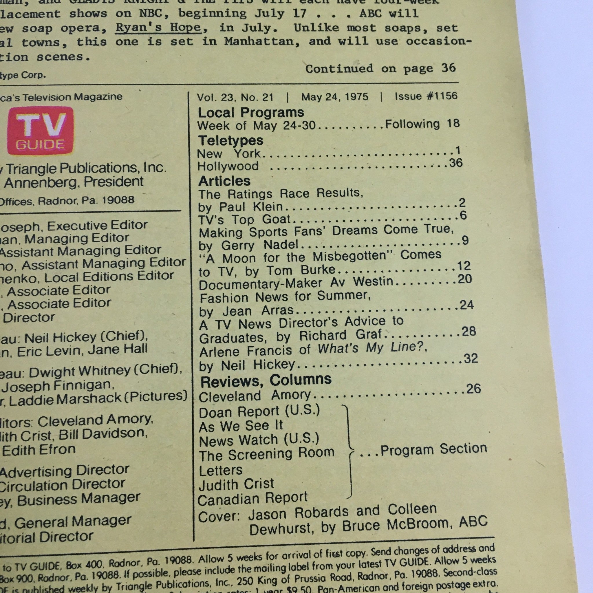 TV Guide Magazine from May 24, 1975, featuring Jason Robards and Colleen Dewhurst on the cover, showcasing articles and reviews from the mid-1970s television landscape.