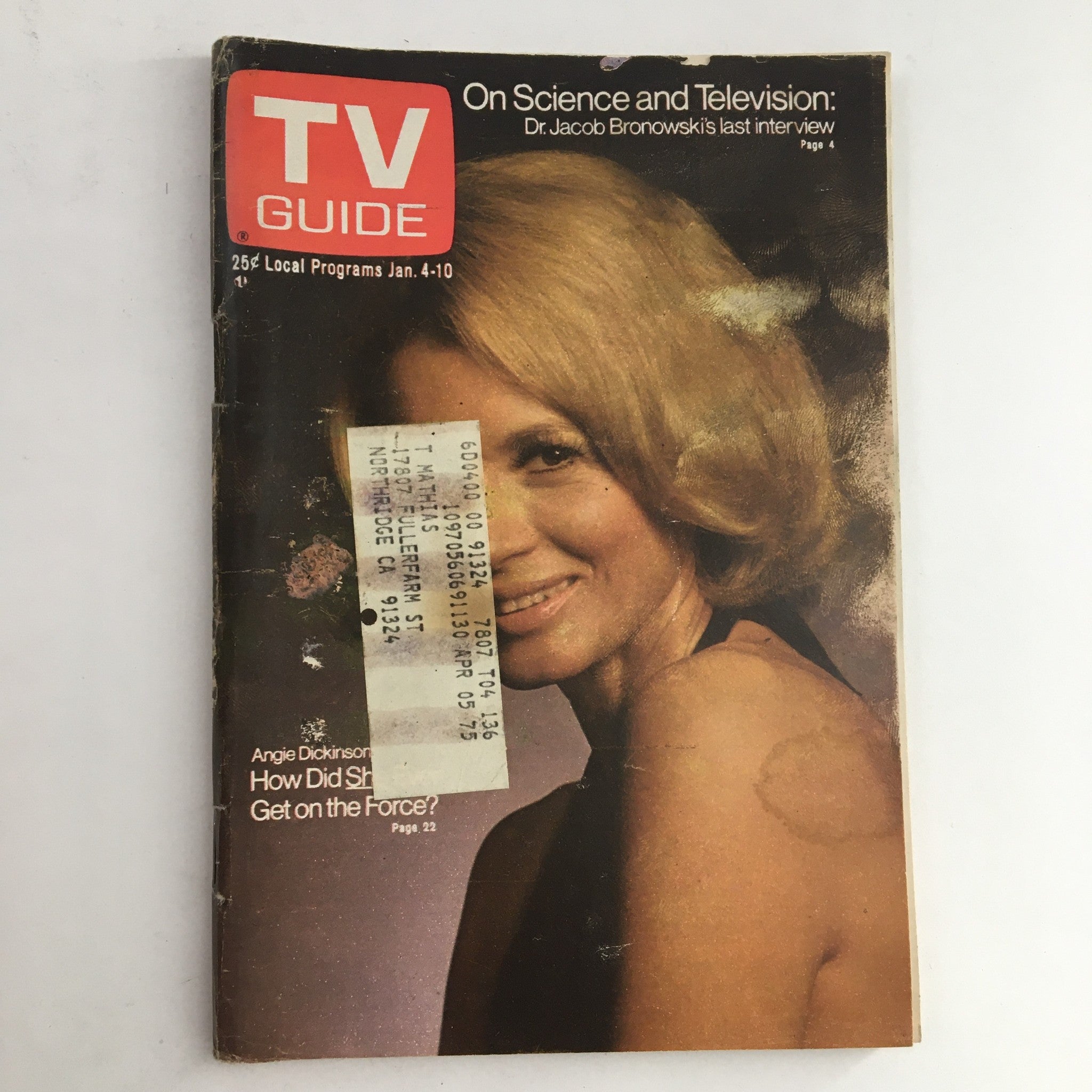 TV Guide Magazine January 4 1975 Angie Dickinson & Jacob Bronowski L.A. Edition