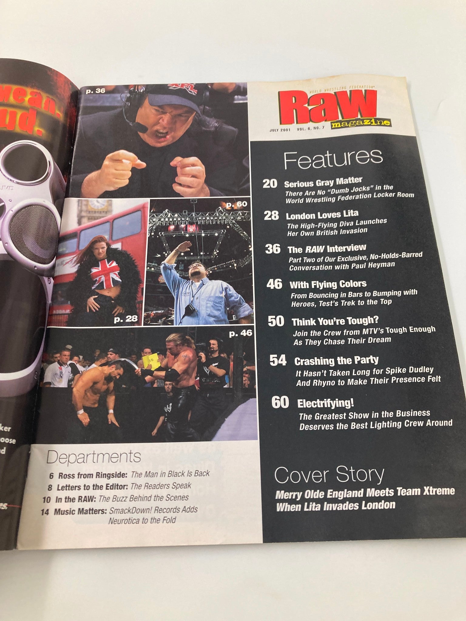 Inside spread of WWF Raw Magazine July 2001, displaying features and articles including 'Serious Guy Matter' and a coverage on Lita's impact in wrestling.