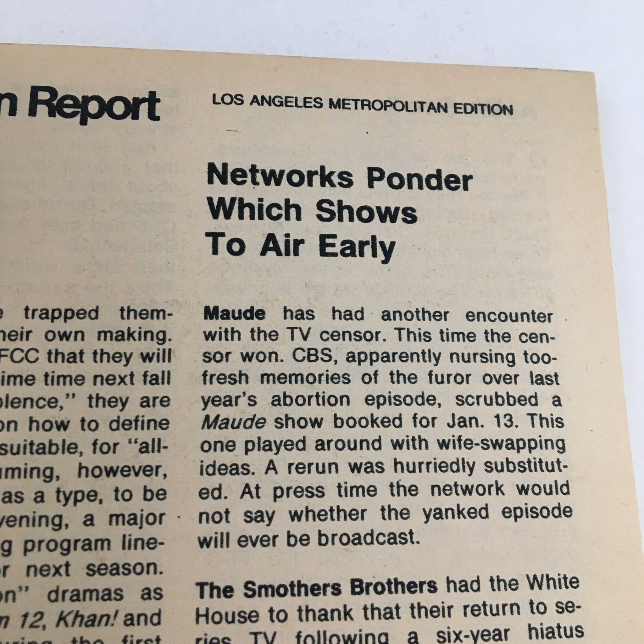 Television Report section of TV Guide Magazine January 25 1975 discussing early airing shows including the series "Maude" and its encounters with censorship.
