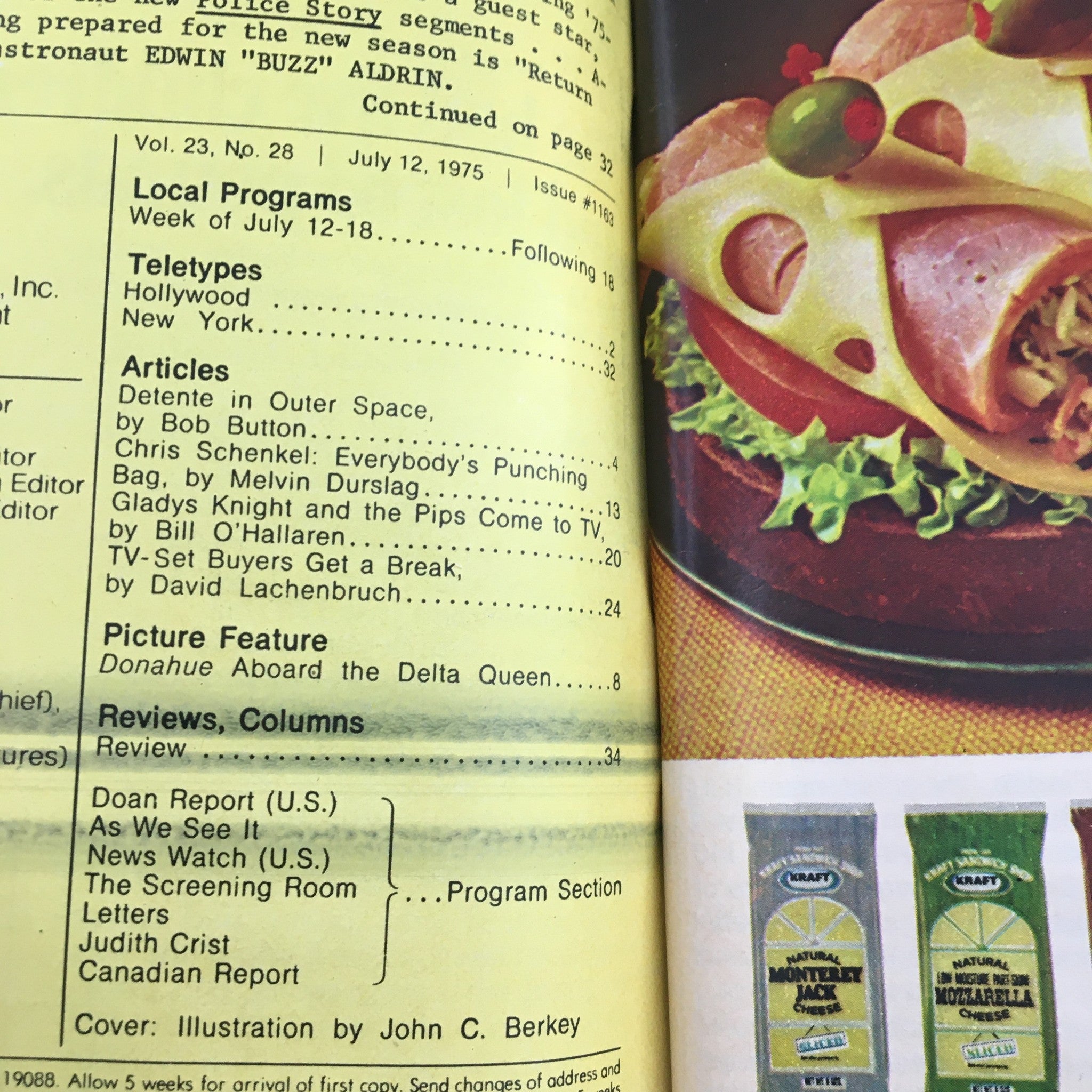 Interior page of TV Guide Magazine July 12 1975, displaying the table of contents, including articles related to space and television programs of the time.