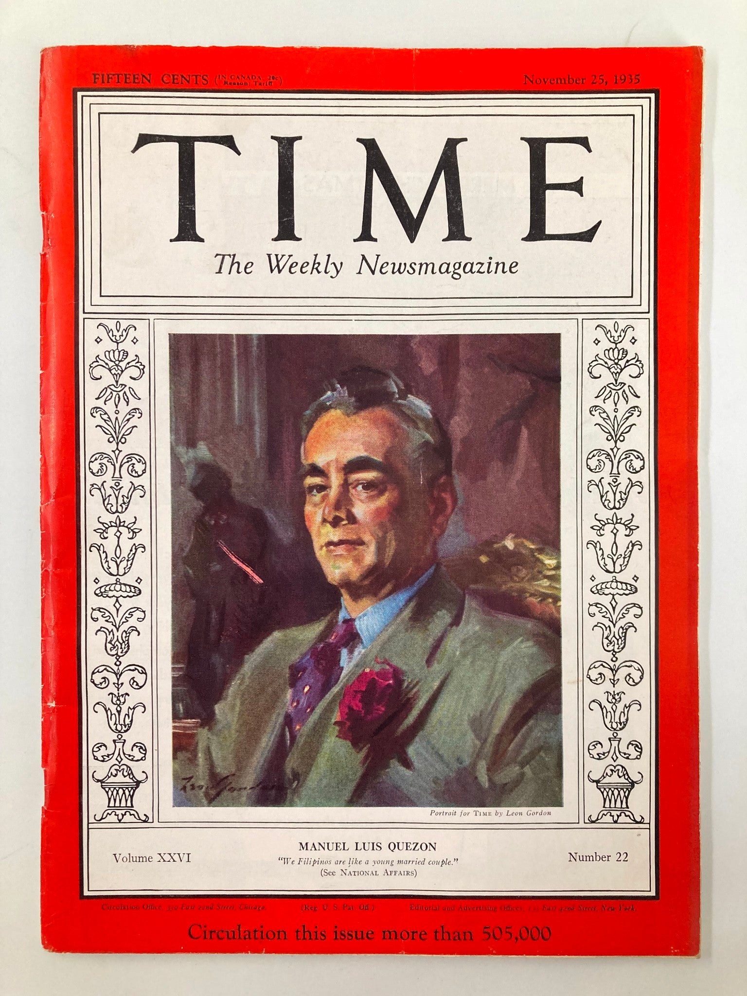 VTG Time Magazine November 25 1935 Vol 26 #22 Philippine's Manuel Luis Quezon