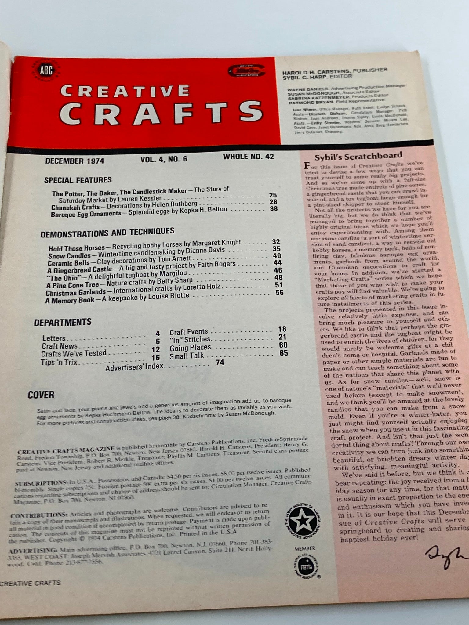 VTG Creative Crafts Magazine December 1974 cover page showcasing various crafting projects and features, including ceramic bells and pine cone trees, ideal for vintage craft enthusiasts.
