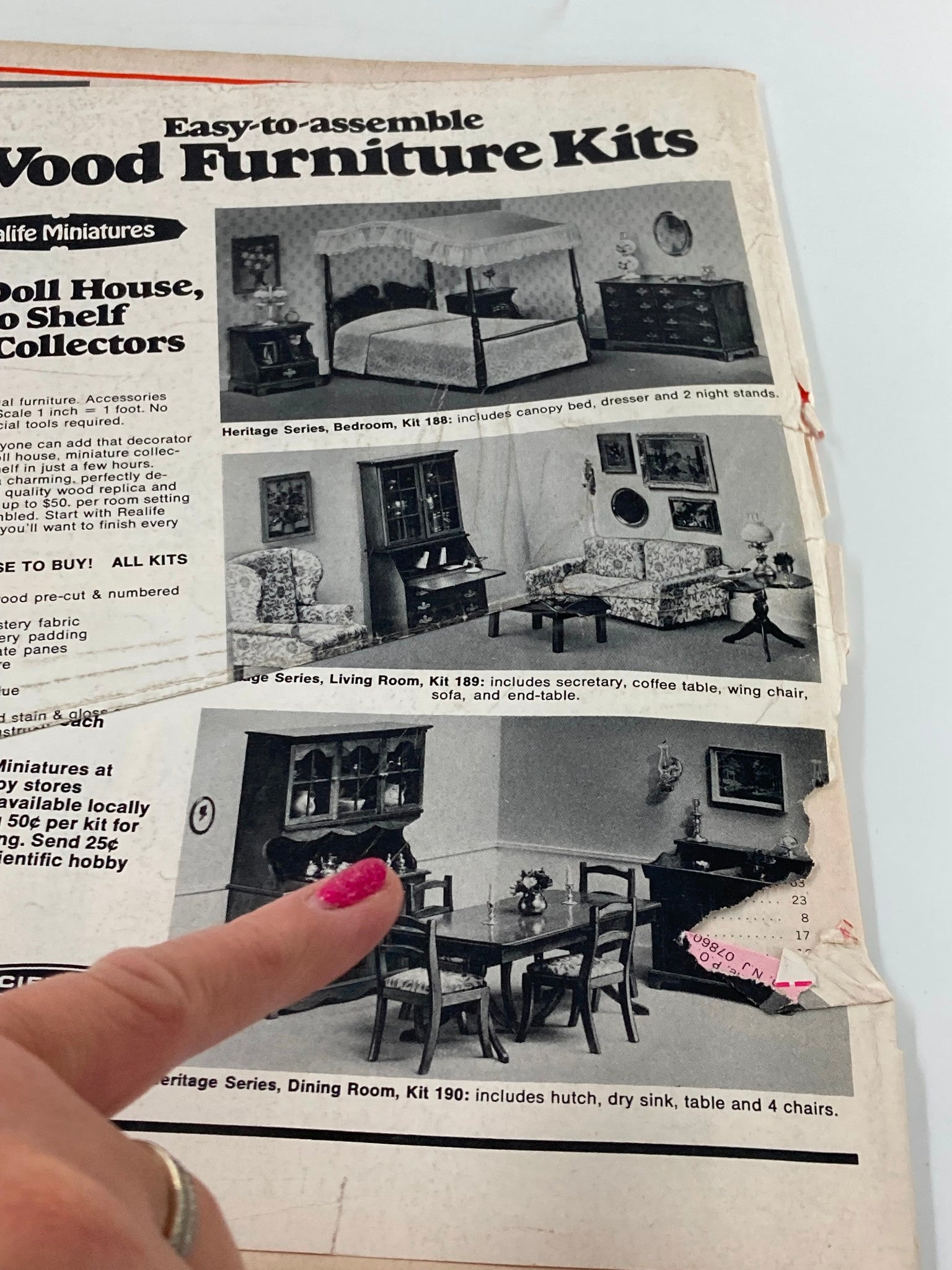 Inside page of VTG Creative Crafts Magazine December 1974 highlighting easy-to-assemble wood furniture kits for dollhouses, featuring detailed descriptions of furniture items, perfect for collectors and DIY projects.