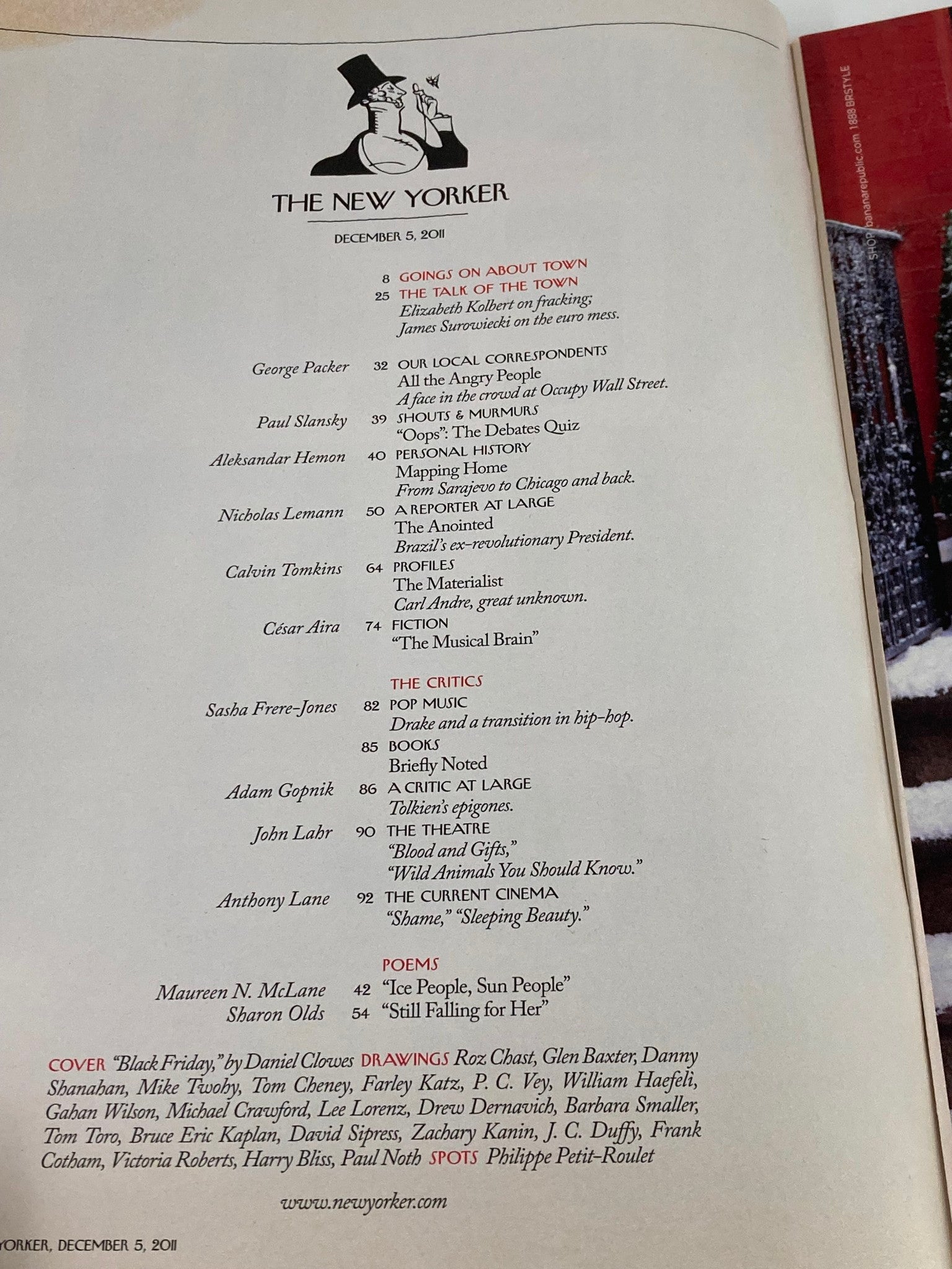 Interior page from The New Yorker Magazine December 5 2011 featuring the 'Goings On About Town' listings and contributor names, highlighting the magazine's diverse cultural commentary.