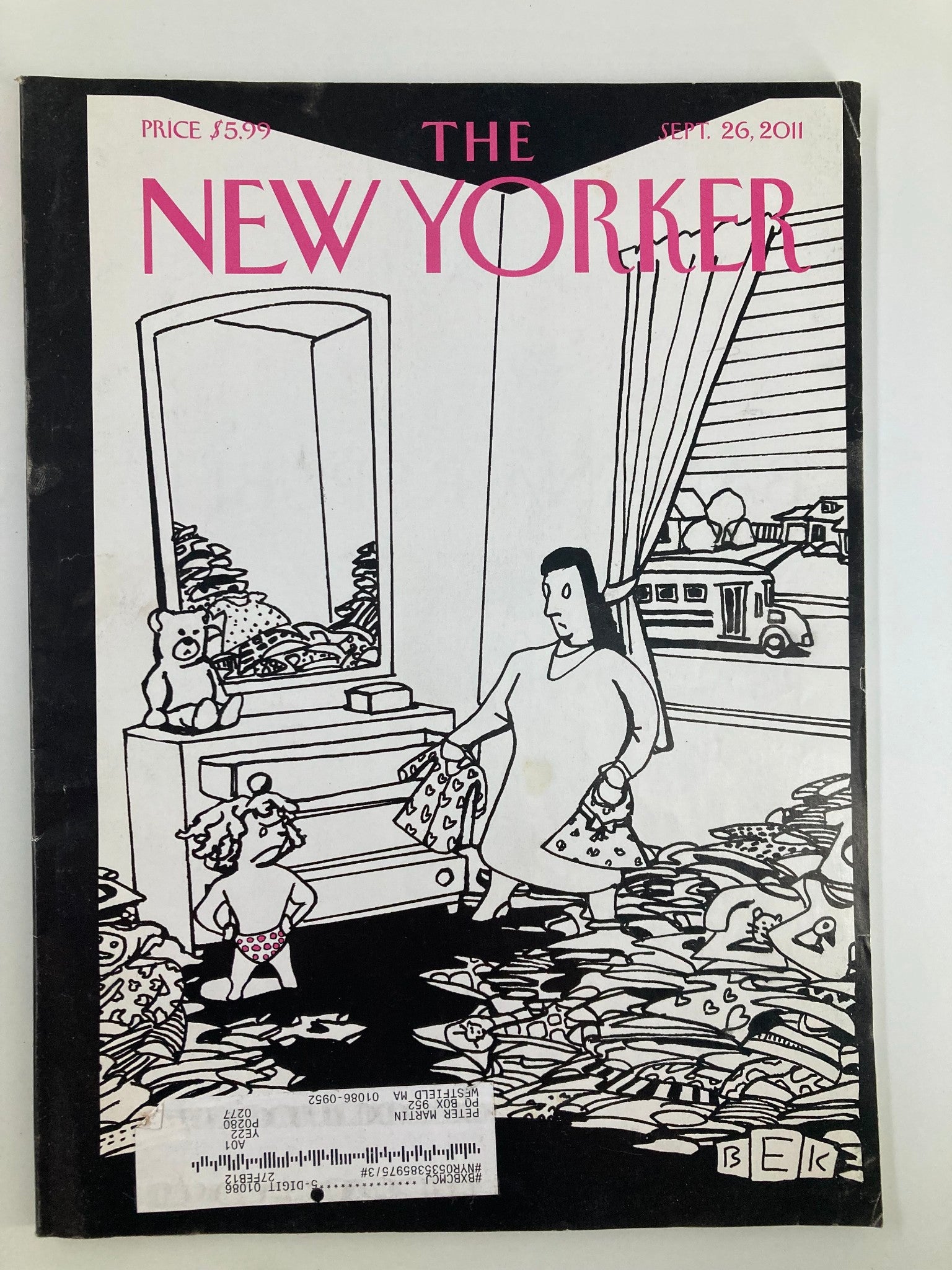 The New Yorker Magazine September 26, 2011 Cover artwork titled 'No!' by Bruce E. Kaplan showcasing a creative illustration of a domestic scene with a figure holding garments amidst a disordered environment.