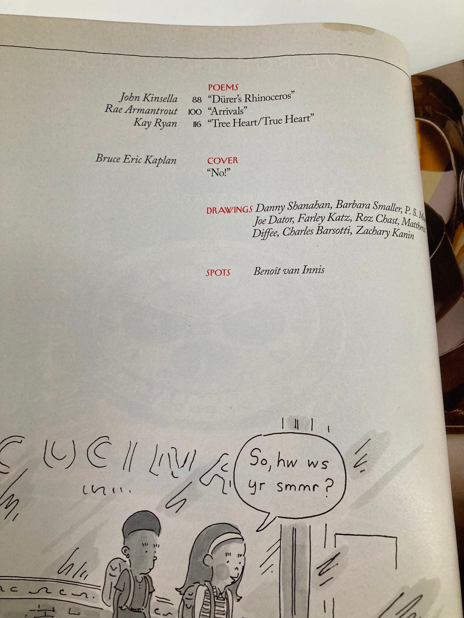 Table of contents from The New Yorker Magazine September 26, 2011 featuring the cover by Bruce E. Kaplan, listing poems and drawings included in the issue.
