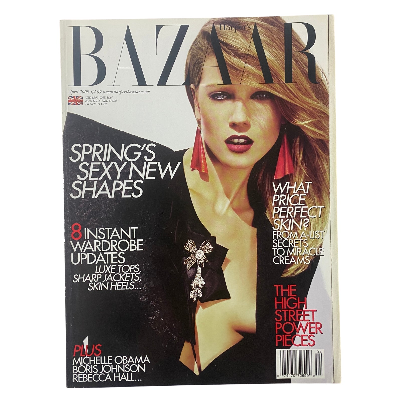Cover of Harper's Bazaar British Magazine April 2009 featuring Masha Novoselova, highlighting 'Spring's Sexy New Shapes' and topics like 'What Price Perfect Skin?' and 'The High Street Power Pieces'.