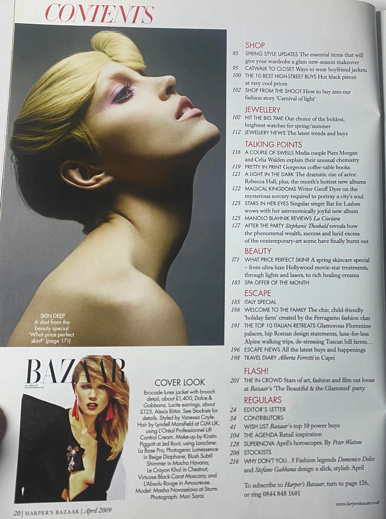 Second page of contents for Harper's Bazaar British Magazine April 2009, highlighting featured articles such as 'Cover Look' and topics about beauty and style.