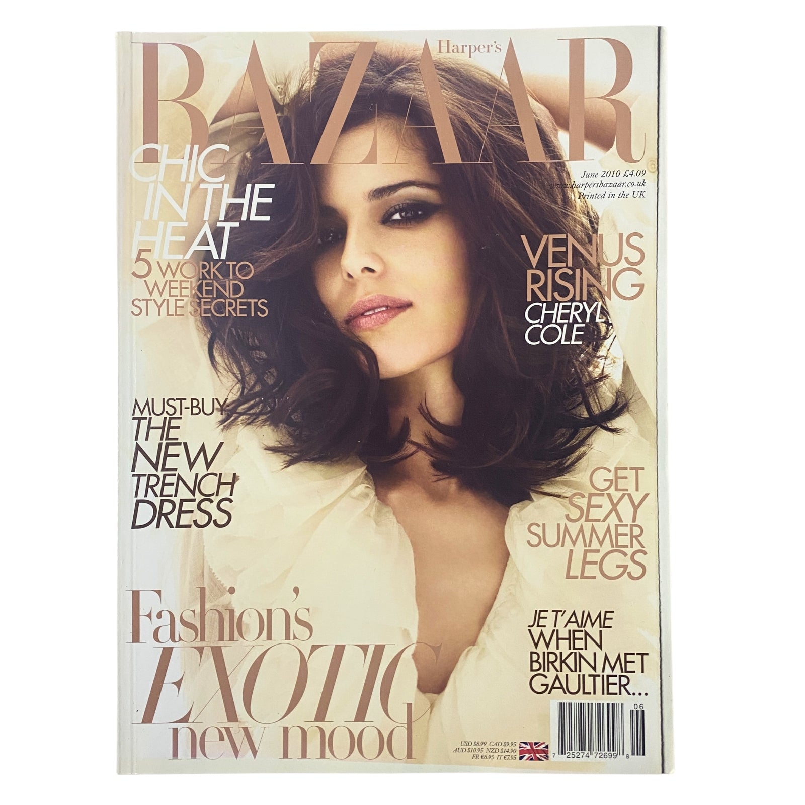 Cover of Harper's Bazaar Magazine, June 2010, featuring Cheryl Cole. The cover highlights 'Chic in the Heat' and includes articles such as 'Venus Rising: Cheryl Cole' and 'Get Sexy Summer Legs'.