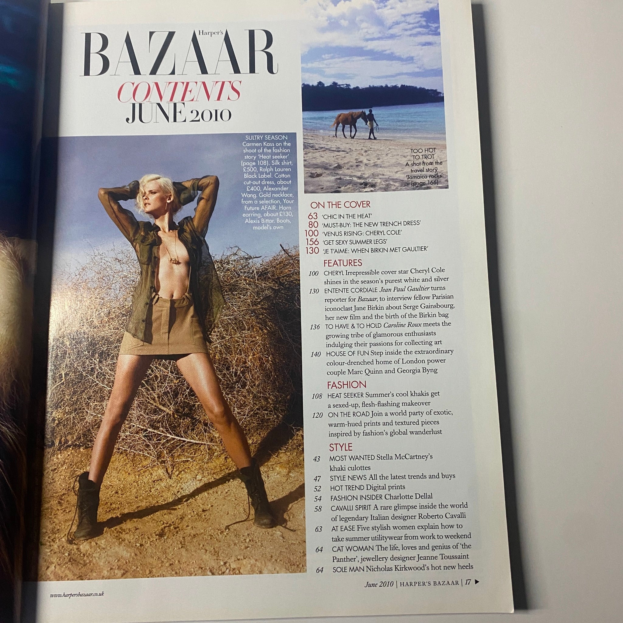 Harper's Bazaar Magazine June 2010 Contents page featuring articles and highlights, including 'Chic in the Heat' and 'Must-Buy: The New Trench Dress'.