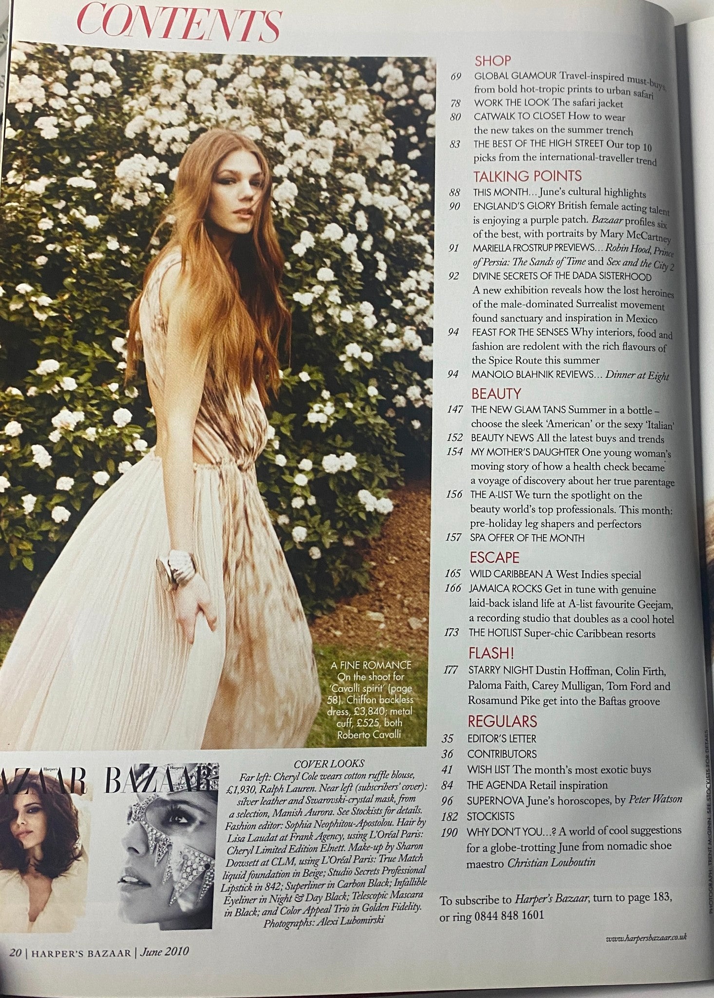 Harper's Bazaar Magazine June 2010 Contents page showcasing fashion pieces, including a section on celebrity styles and editorial features.