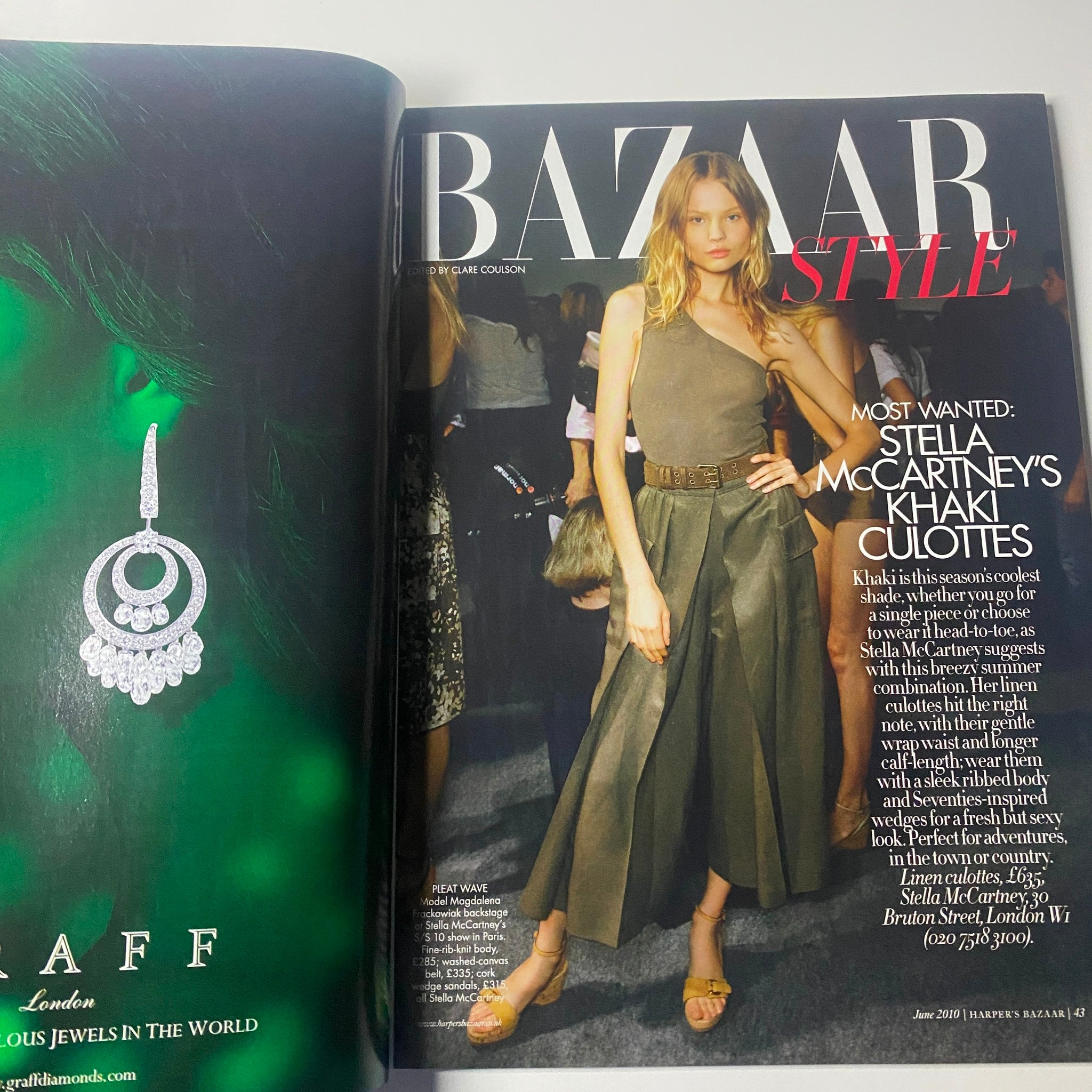 Harper's Bazaar Magazine June 2010 highlighting Stella McCartney's khaki culottes in the Style section, showcasing a model in a chic outfit.