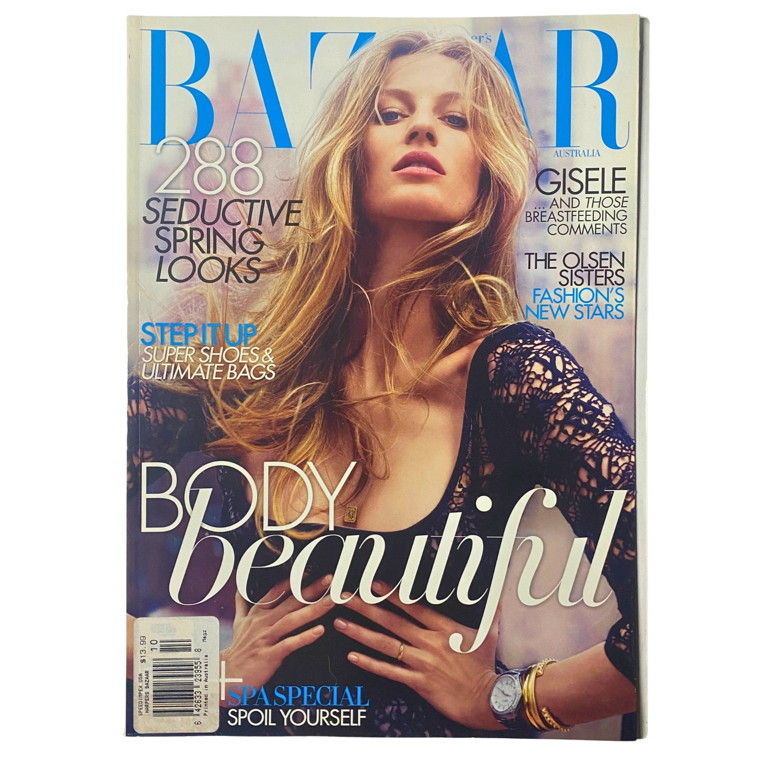 Harper's Bazaar Australia Magazine October 2010 featuring Gisele Bündchen on the cover, showcasing a glamorous fashion spread with the text 'Body Beautiful' prominently displayed.