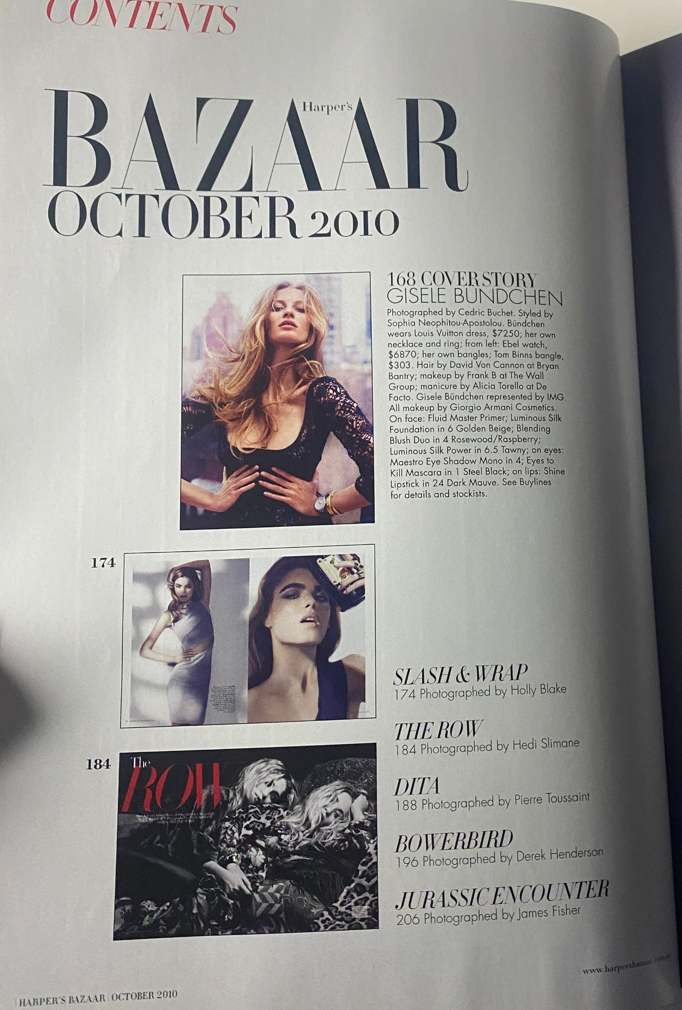 Table of contents page from Harper's Bazaar Australia Magazine October 2010, featuring Gisele Bündchen's cover story and various fashion editorials including 'Slash & Wrap' and 'The Row'.