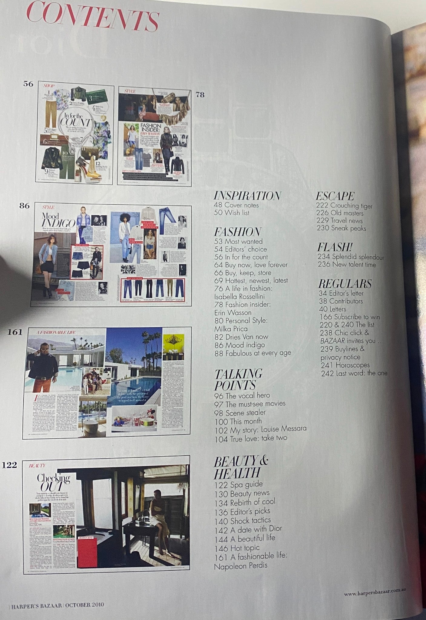 Second page of the table of contents from Harper's Bazaar Australia Magazine October 2010, detailing fashion and beauty articles along with editorial features.