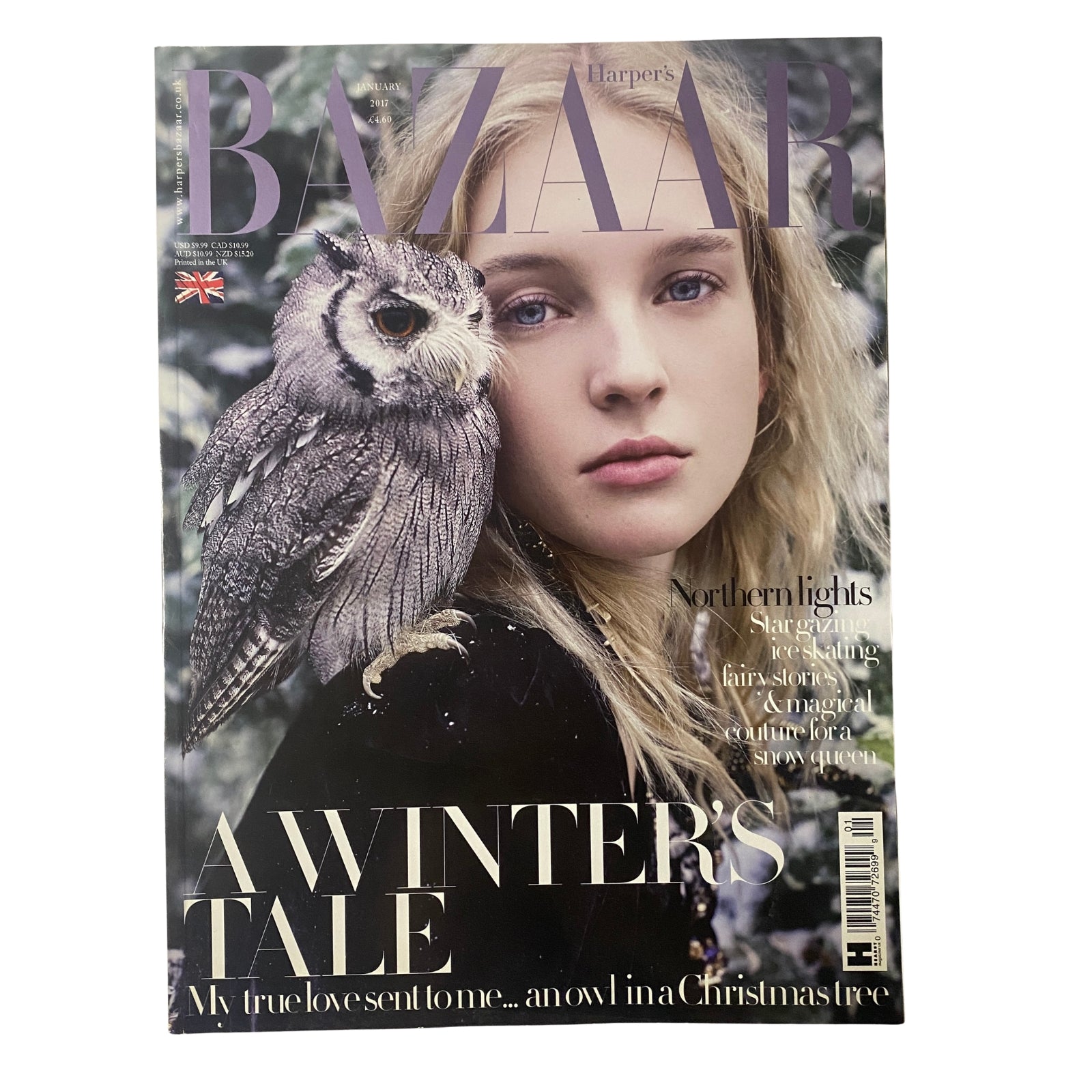 Harper's Bazaar British Magazine January 2017 cover featuring Nastya Sten with an owl. A Winter's Tale theme highlighted, showcasing fashion elegance and winter style.