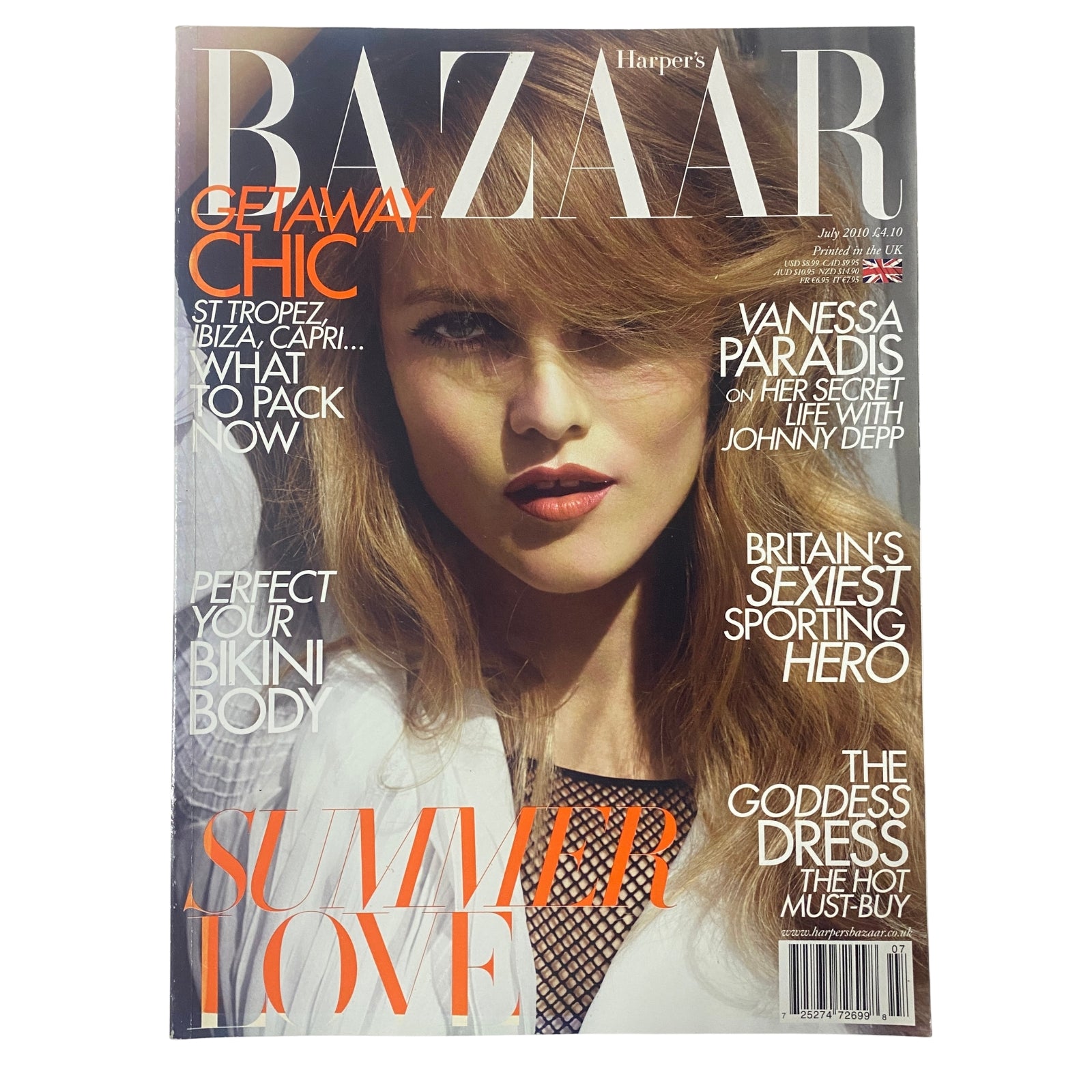 Harper's Bazaar UK Magazine July 2010 featuring Vanessa Paradis on the cover, highlighting summer themes and luxury fashion.