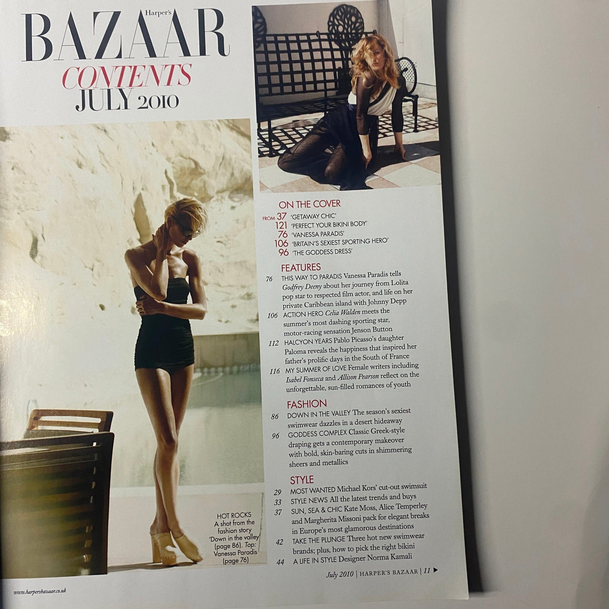 Contents page of Harper's Bazaar UK Magazine July 2010, detailing articles and features including Vanessa Paradis and fashion highlights.