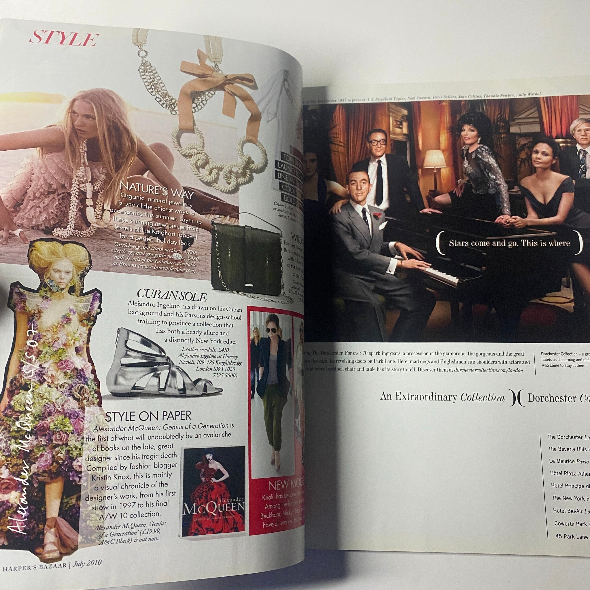 Fashion editorial spread from Harper's Bazaar UK Magazine July 2010 featuring summer styles, jewelry, and a sophisticated atmosphere.