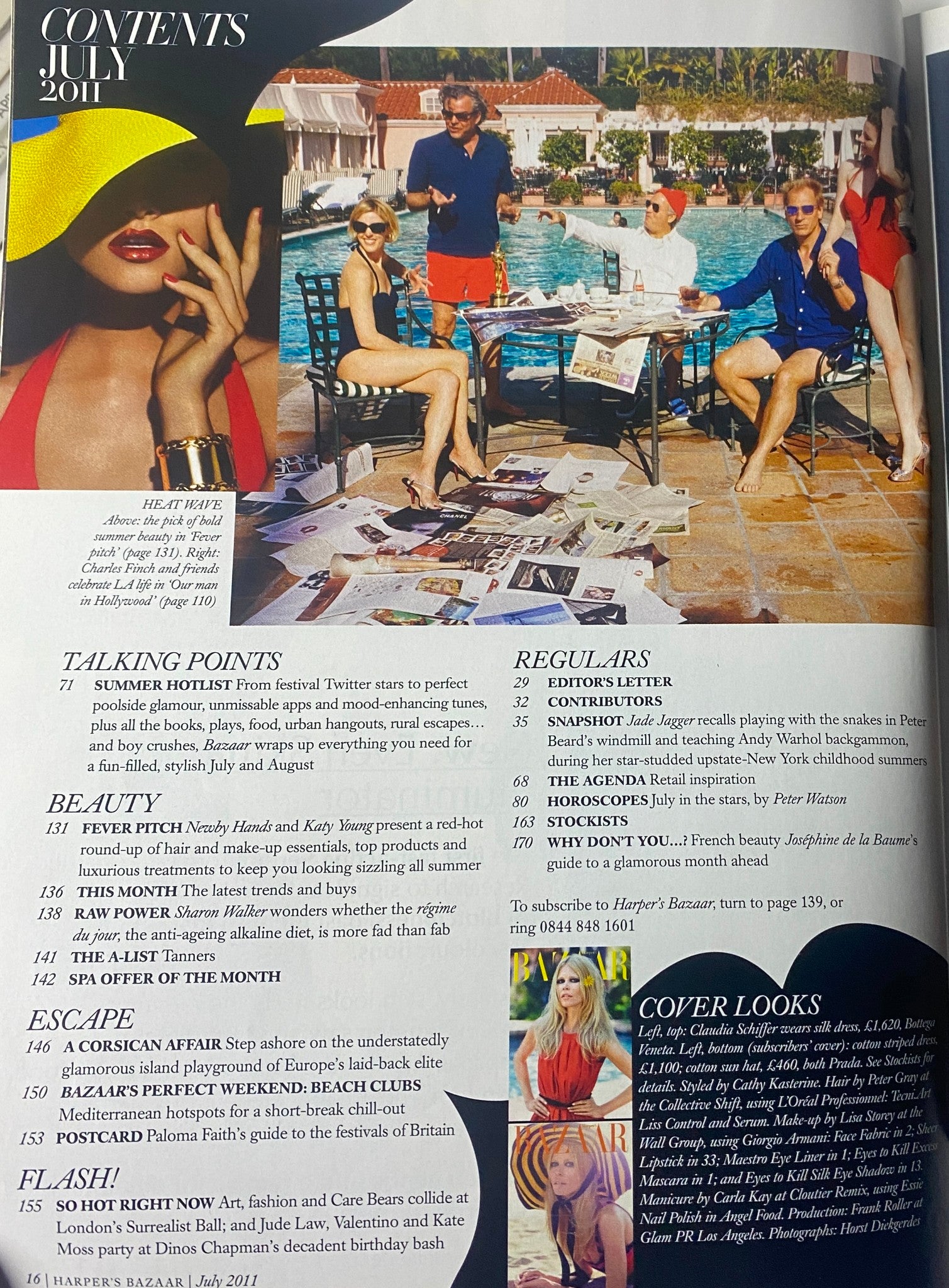 Contents page of Harper's Bazaar UK Magazine July 2011 detailing articles like 'Fever Pitch' and 'Beach Club Checklist', underscoring the magazine's blend of fashion and lifestyle.